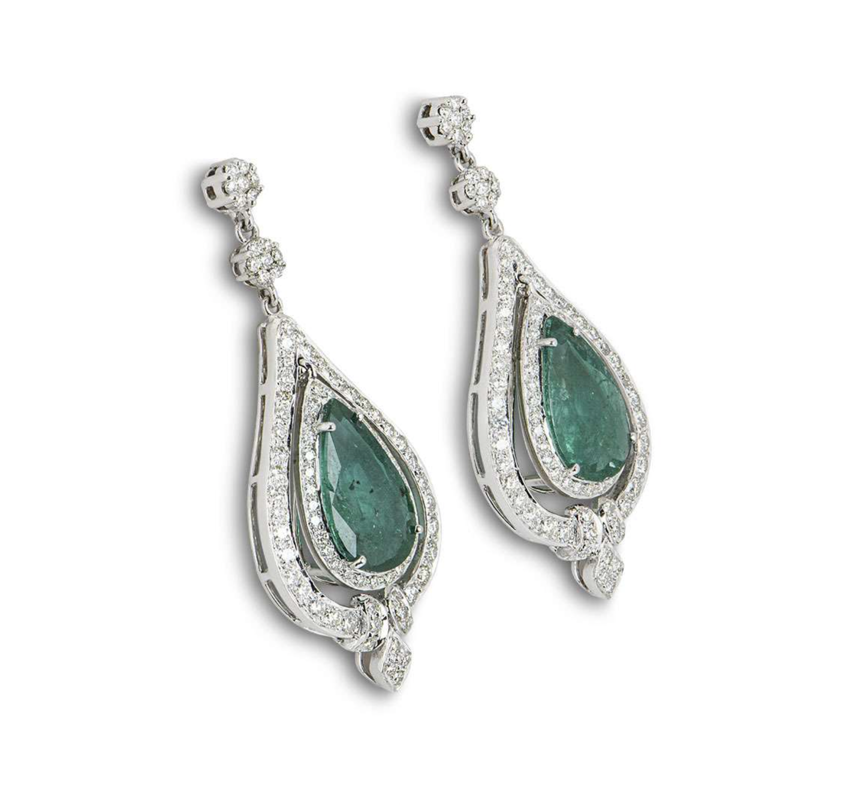 18ct white gold white diamond  emerald drop earrings Green white gold