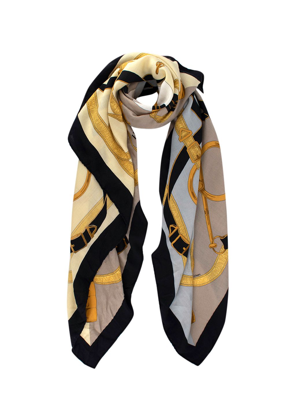 Preowned Hermes Hermès Cashmere Blend 'Eperon d'or' Scarf 90x90 black/gold cashmere/silk