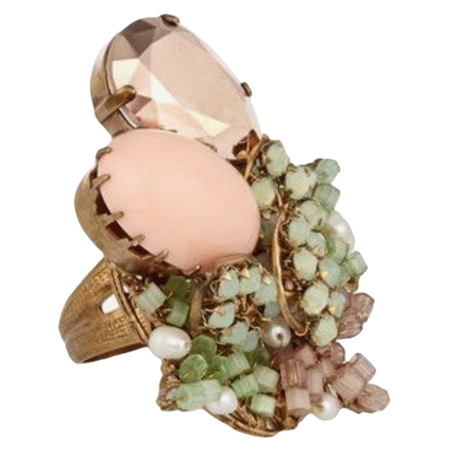 Bijoux De Familie Crystal  Chrysolite Cocktail Ring Floral / Patterned gold-plated