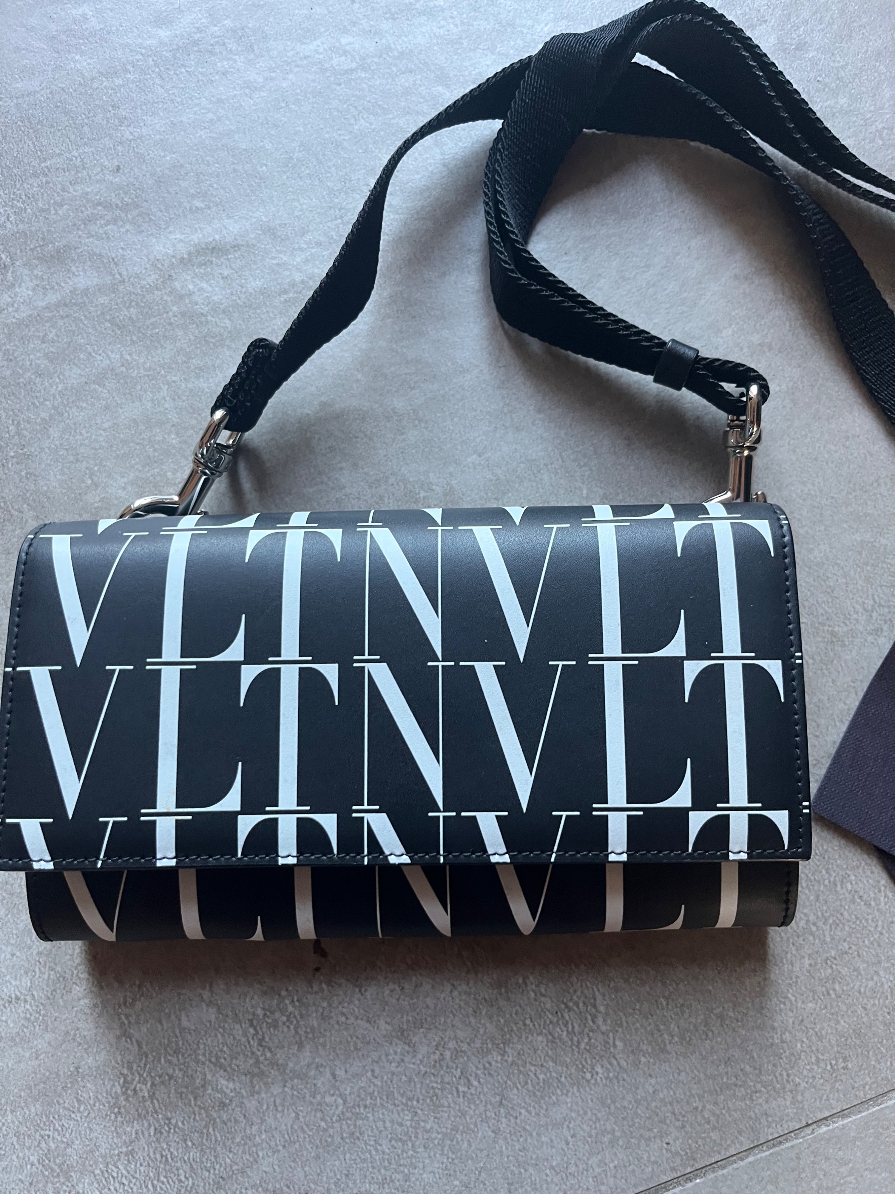 Preowned Valentino Black Monogram Wallet on Strap black and white leather