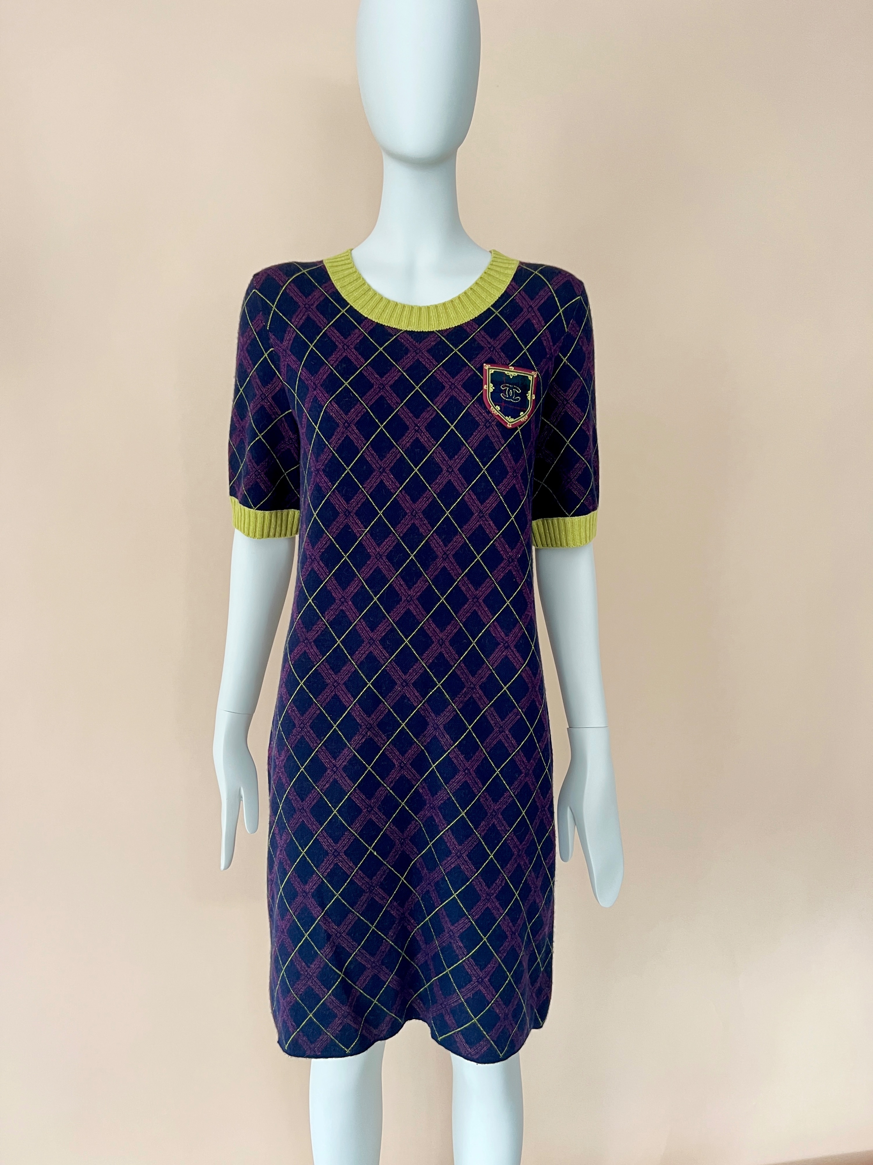 Chanel Navy Argyle Cashmere Dress Size S multicolor