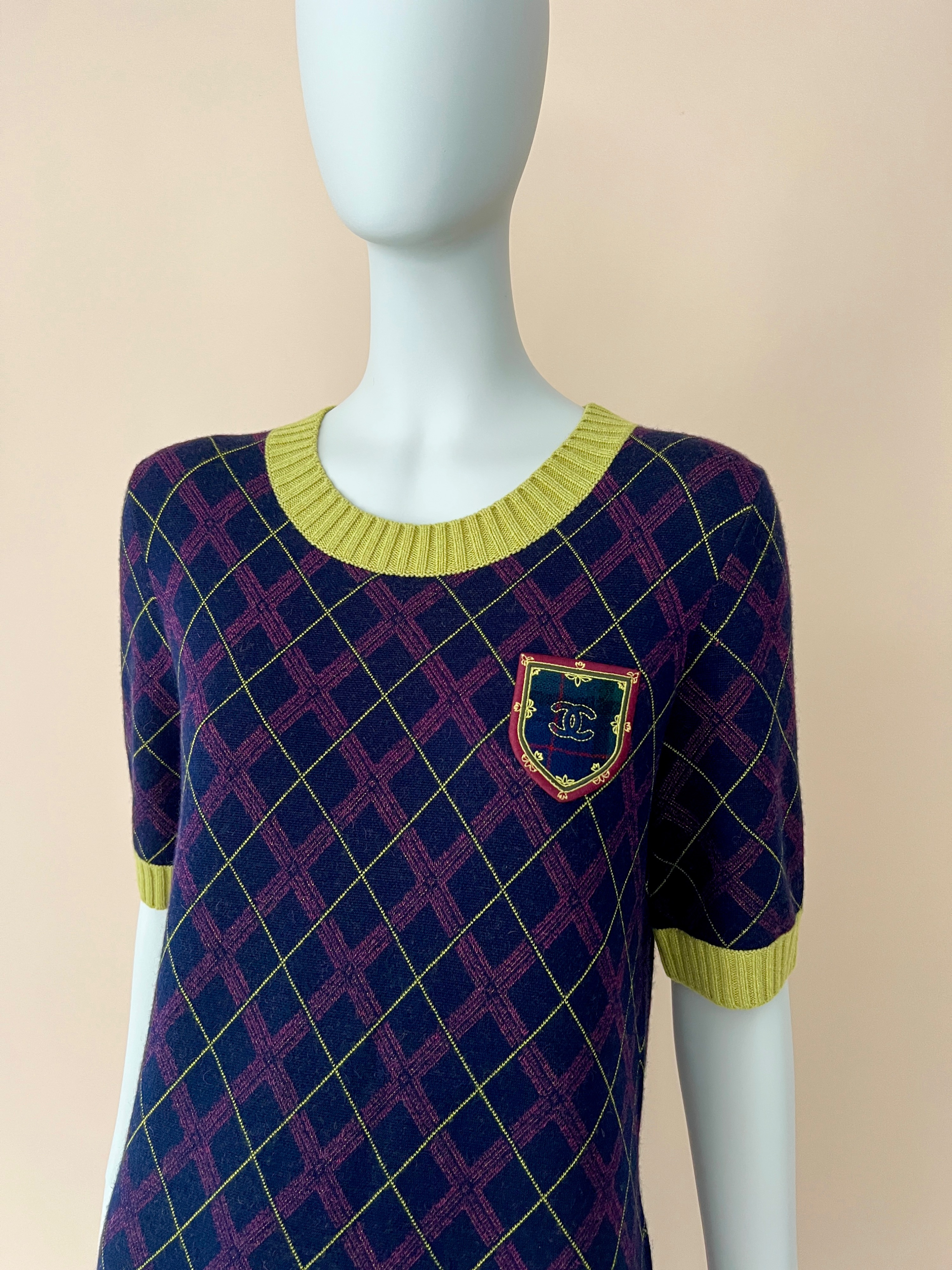 Chanel Navy Argyle Cashmere Dress Size S multicolor