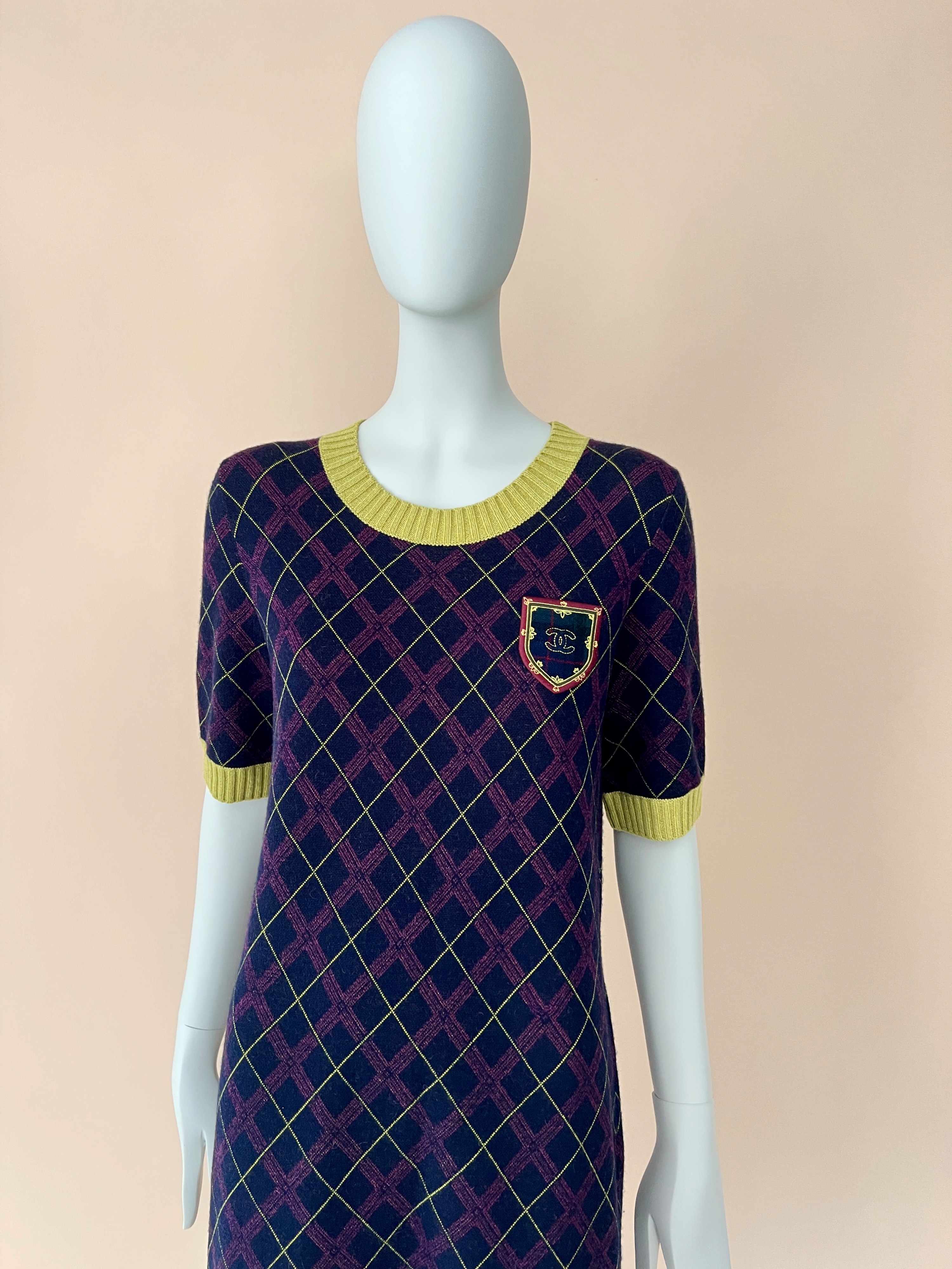 Chanel Navy Argyle Cashmere Dress Size S multicolor