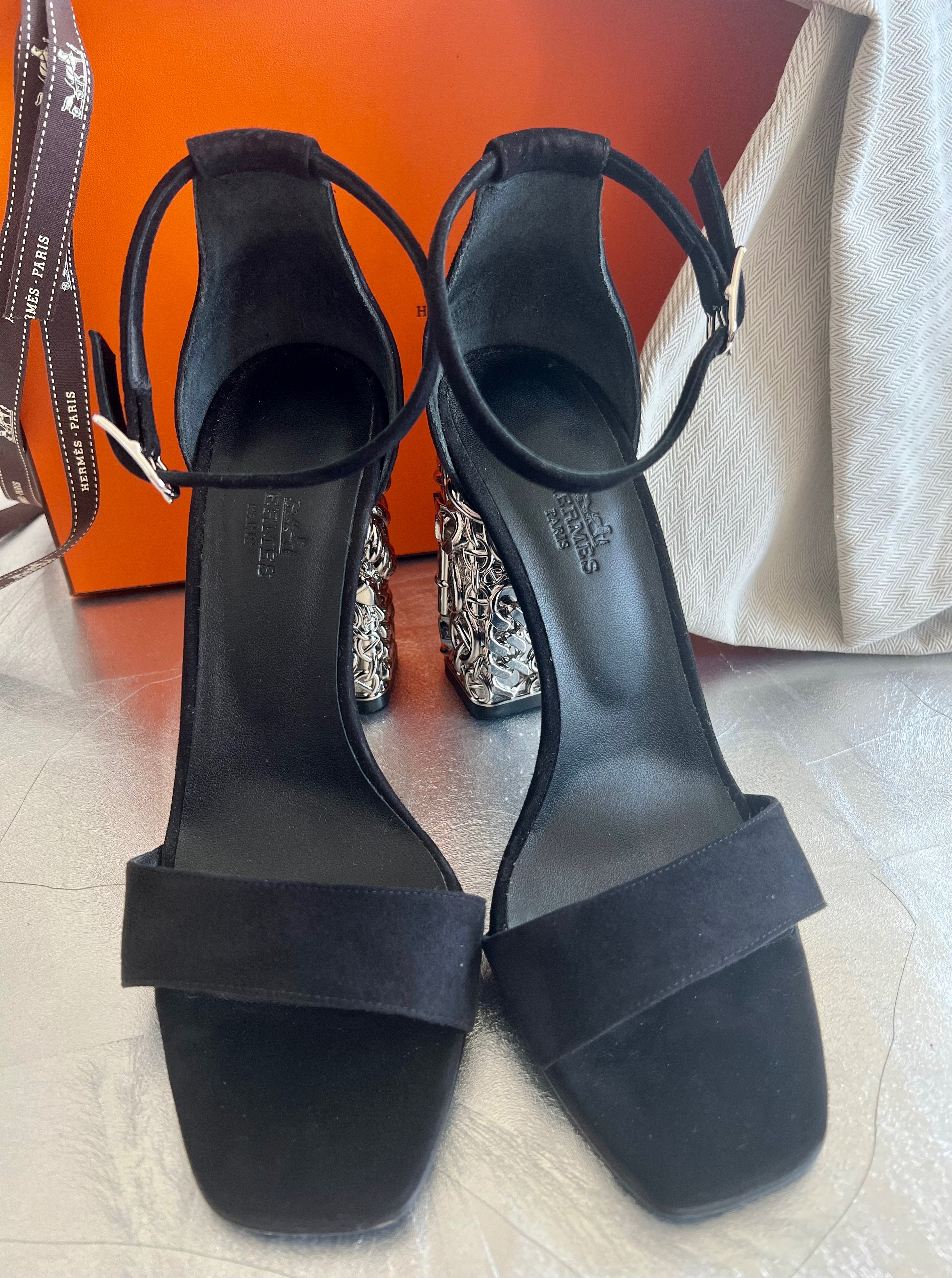 Preowned Hermes Glam 105 Sandals Size 375 Black suede goatskin