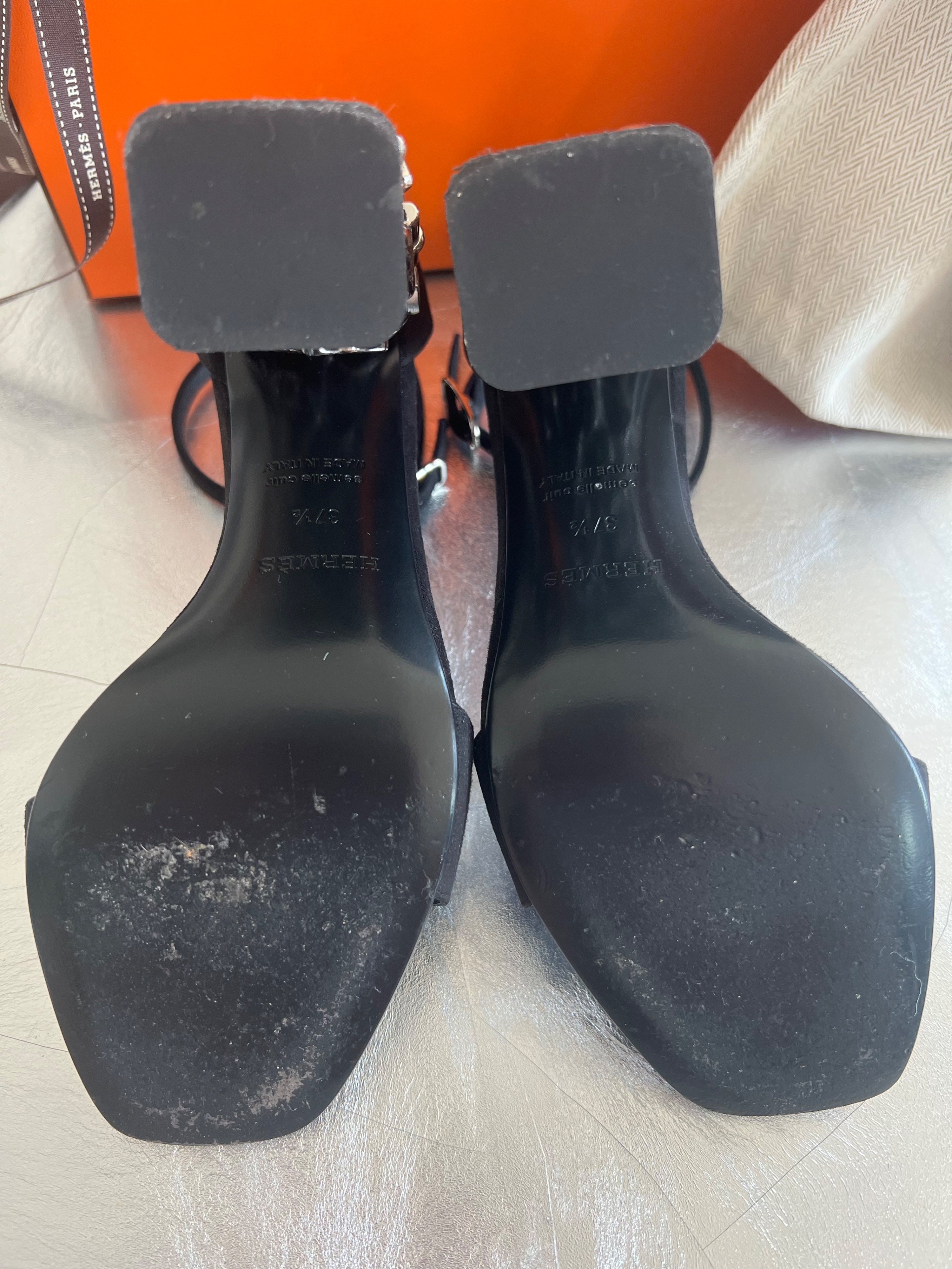 Preowned Hermes Glam 105 Sandals Size 375 Black suede goatskin