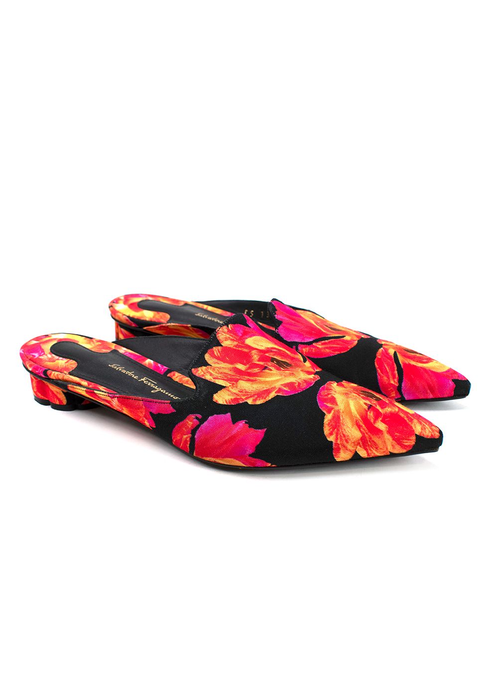 Preowned Salvatore Ferragamo Red and Black Floral Pointed Mules Size 36 black red orange grosgrain/sole-/leather