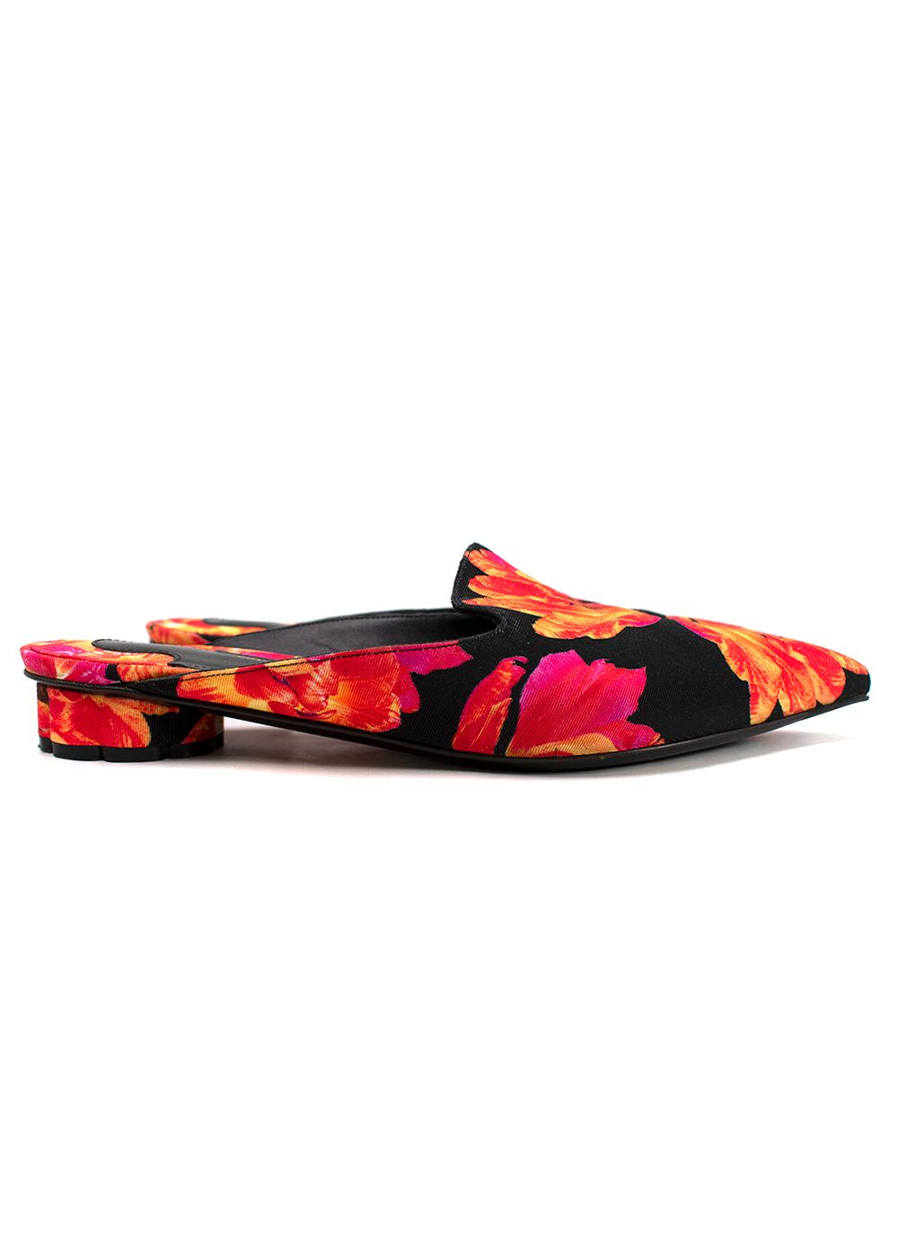 Preowned Salvatore Ferragamo Red and Black Floral Pointed Mules Size 36 black red orange grosgrain/sole-/leather