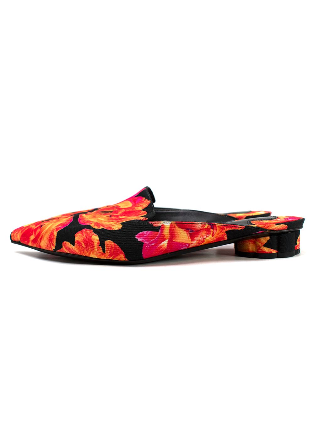 Preowned Salvatore Ferragamo Red and Black Floral Pointed Mules Size 36 black red orange grosgrain/sole-/leather