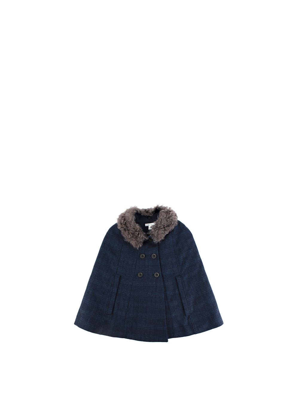 Boys Marie Chantal Double-Breasted Blue Checked Cape With Fur Collar Size 6 Years