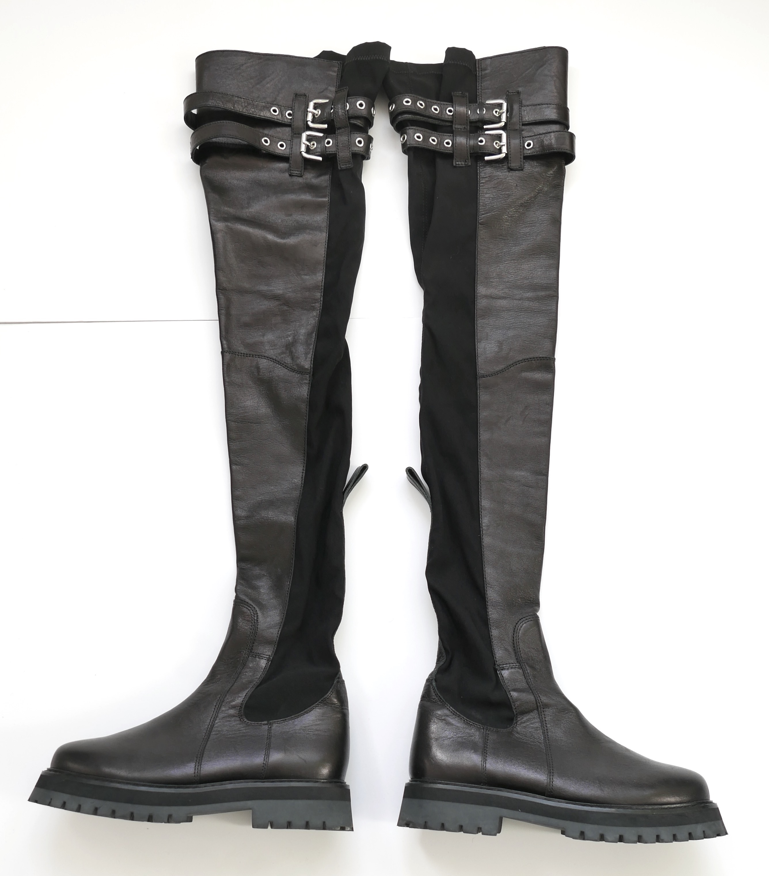 Preowned Marcques Almeida Buckled Trek-sole Leather Thigh-high Boots Size 36 Black