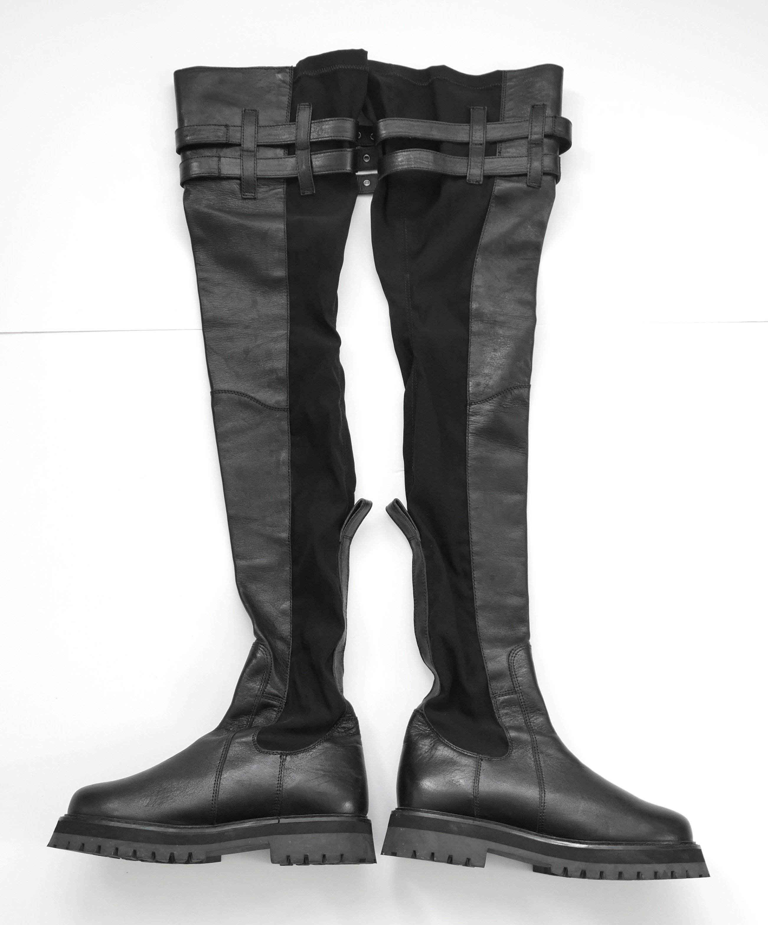 Preowned Marcques Almeida Buckled Trek-sole Leather Thigh-high Boots Size 36 Black