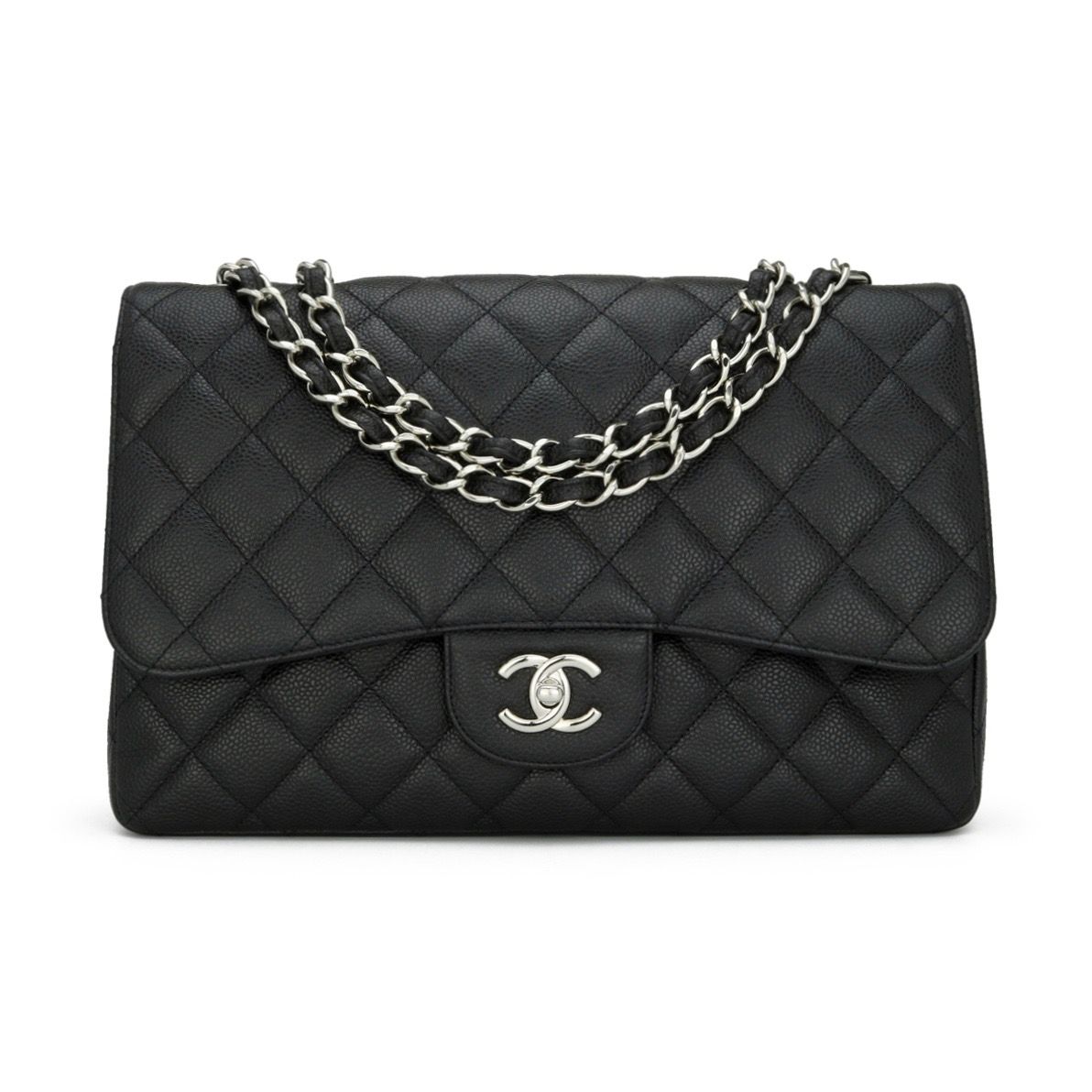 Preowned Chanel Black Caviar Leather Single Flap Jumbo with Silver Hardware grained calfskin-caviar