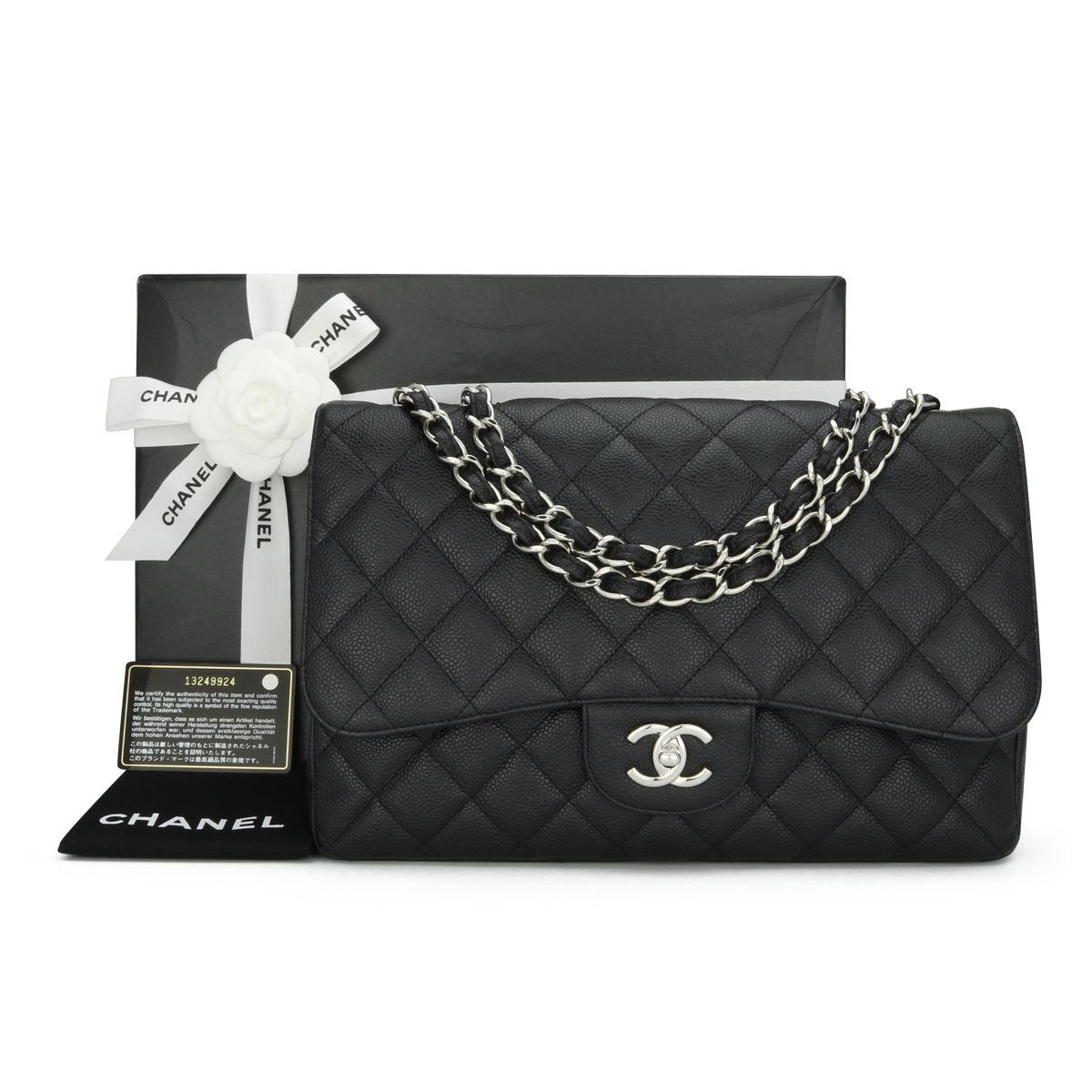 Preowned Chanel Black Caviar Leather Single Flap Jumbo with Silver Hardware grained calfskin-caviar