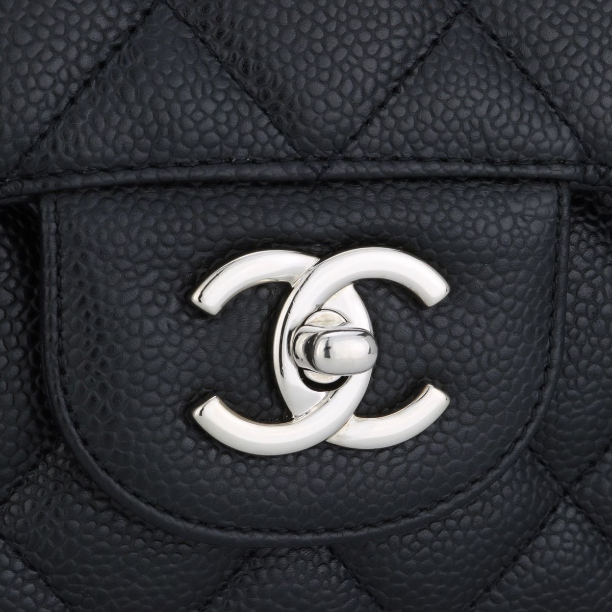 Preowned Chanel Black Caviar Leather Single Flap Jumbo with Silver Hardware grained calfskin-caviar