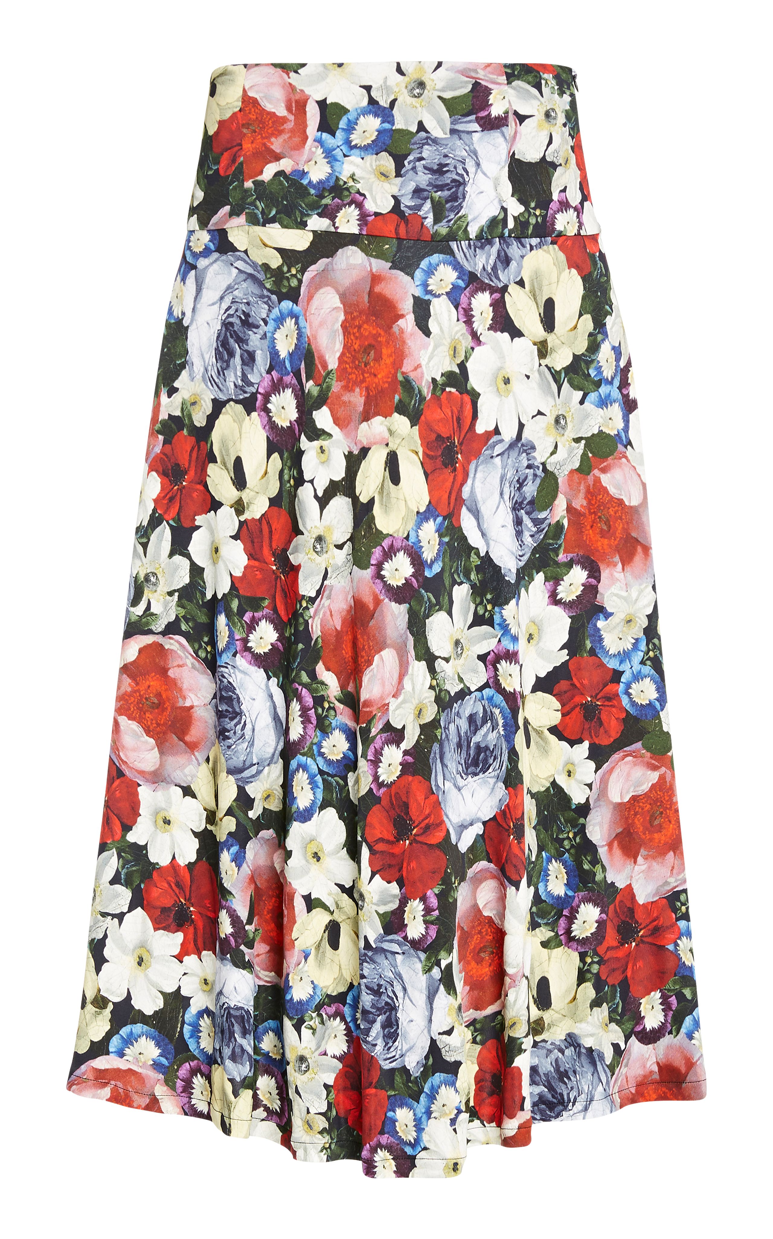 Preowned Erdem Elvin Floral Print Satin-Jersey Midi Skirt Size S Multi viscose