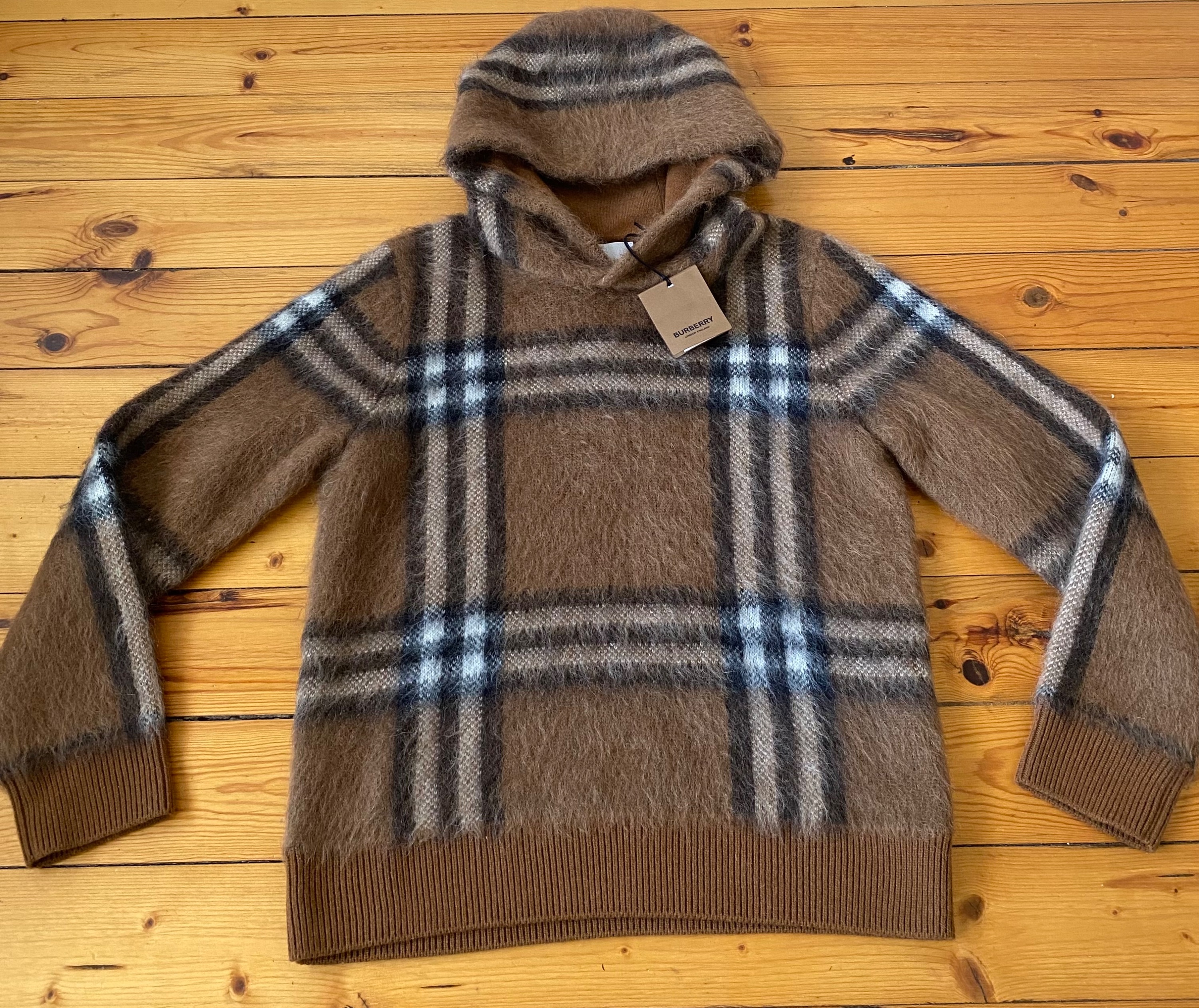 Men's Burberry Checked Brushed Knit Hoodie Size S Brown wool mohair cashmere