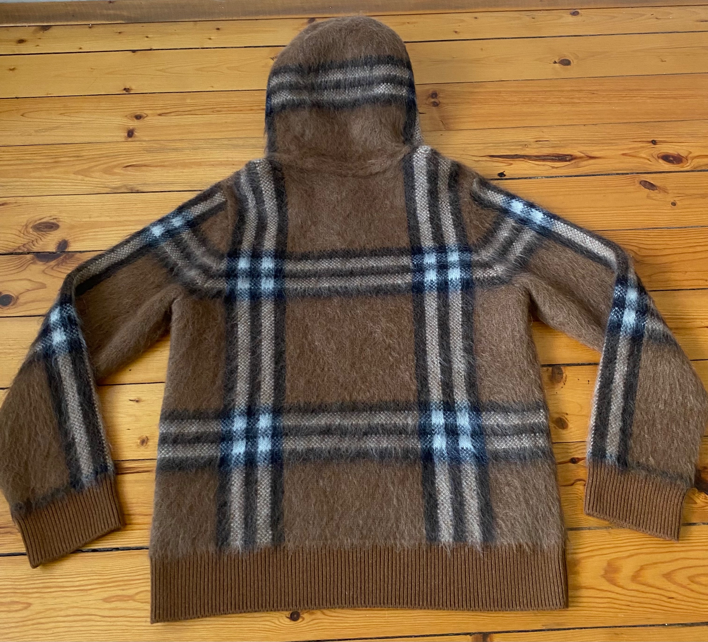 Men's Burberry Checked Brushed Knit Hoodie Size S Brown wool mohair cashmere