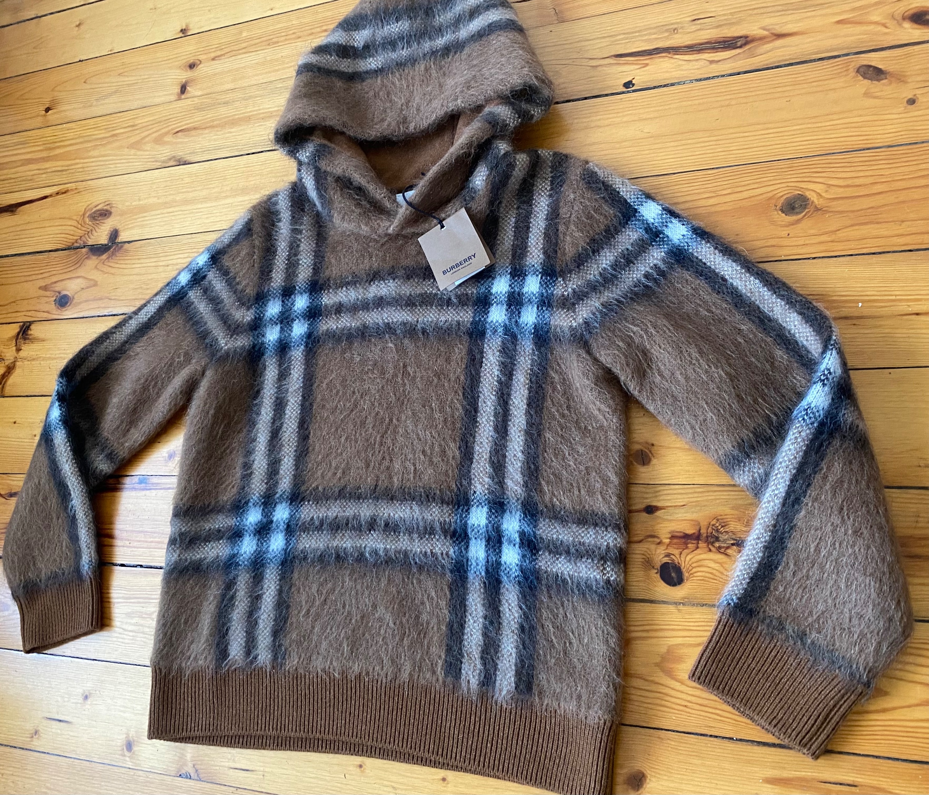 Men's Burberry Checked Brushed Knit Hoodie Size S Brown wool mohair cashmere