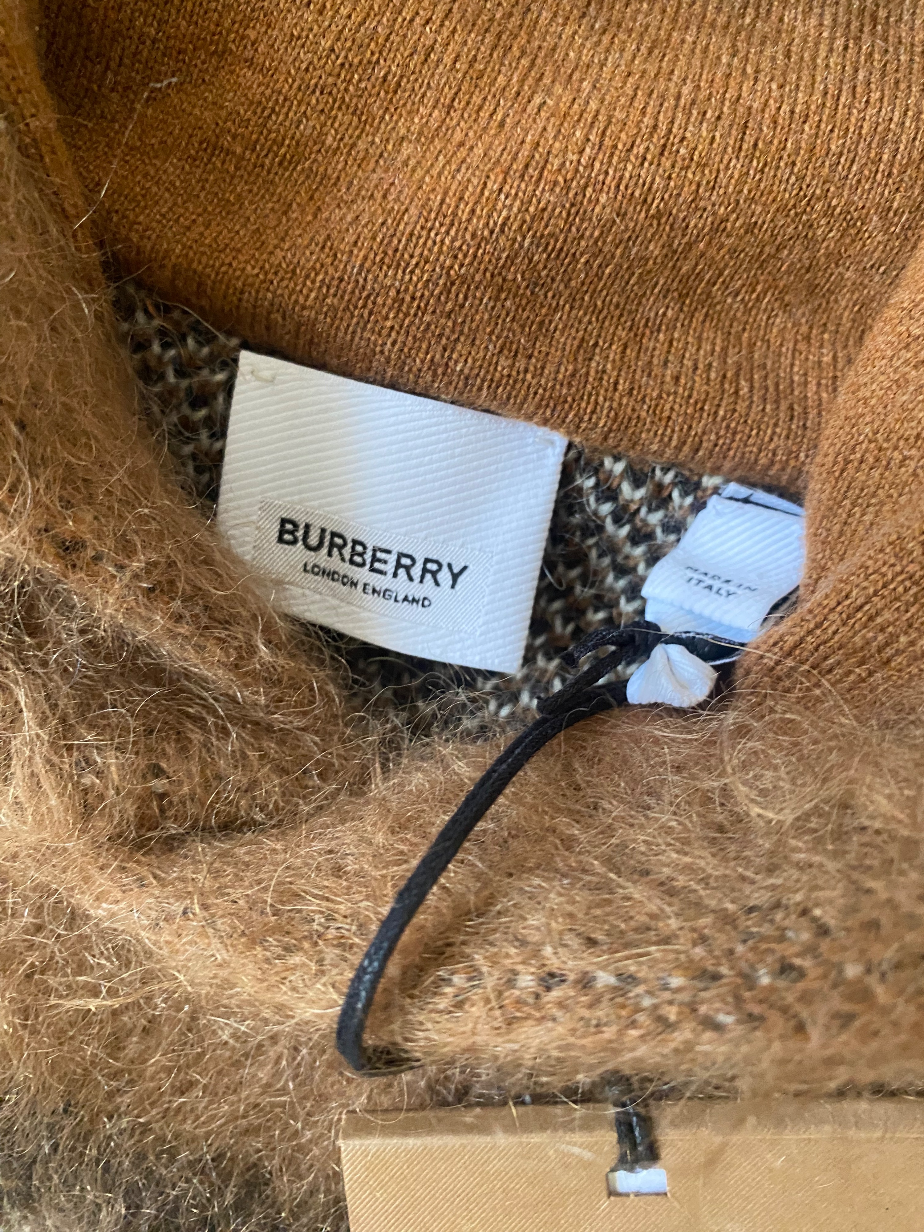 Men's Burberry Checked Brushed Knit Hoodie Size S Brown wool mohair cashmere