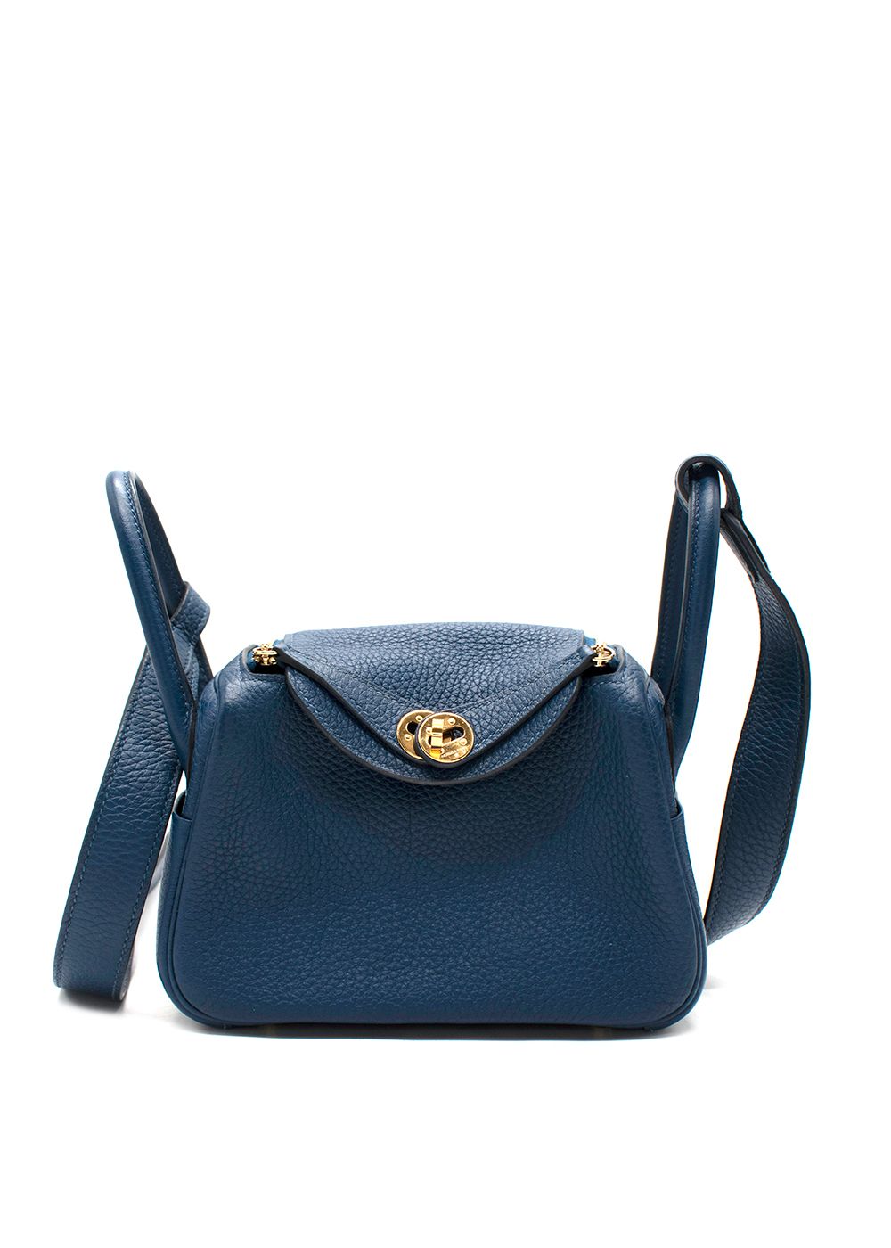 Preowned Hermes Taurillon Clemence Mini Lindy in Deep Bleu with Gold Hardware blue calfskin leather