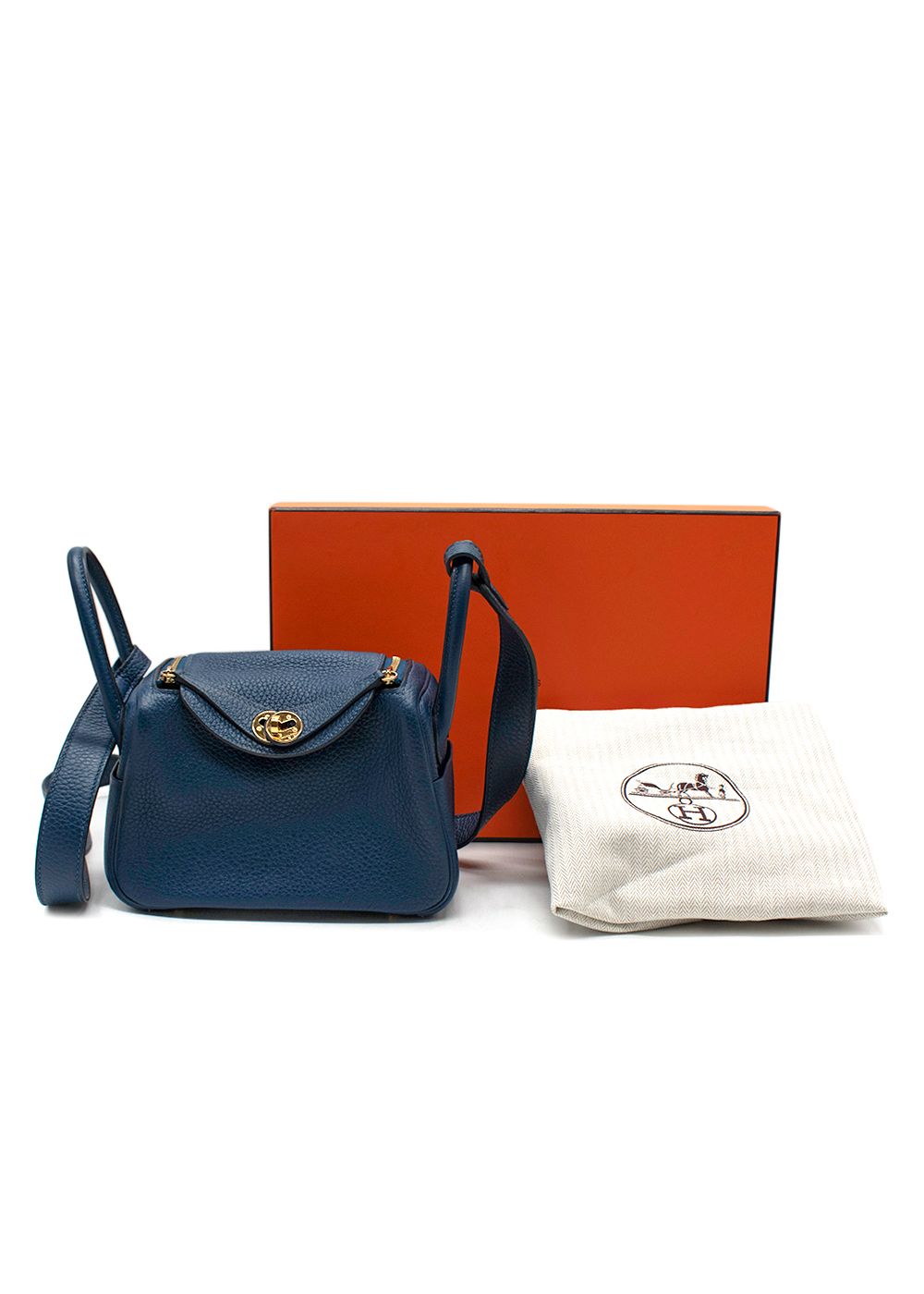 Preowned Hermes Taurillon Clemence Mini Lindy in Deep Bleu with Gold Hardware blue calfskin leather