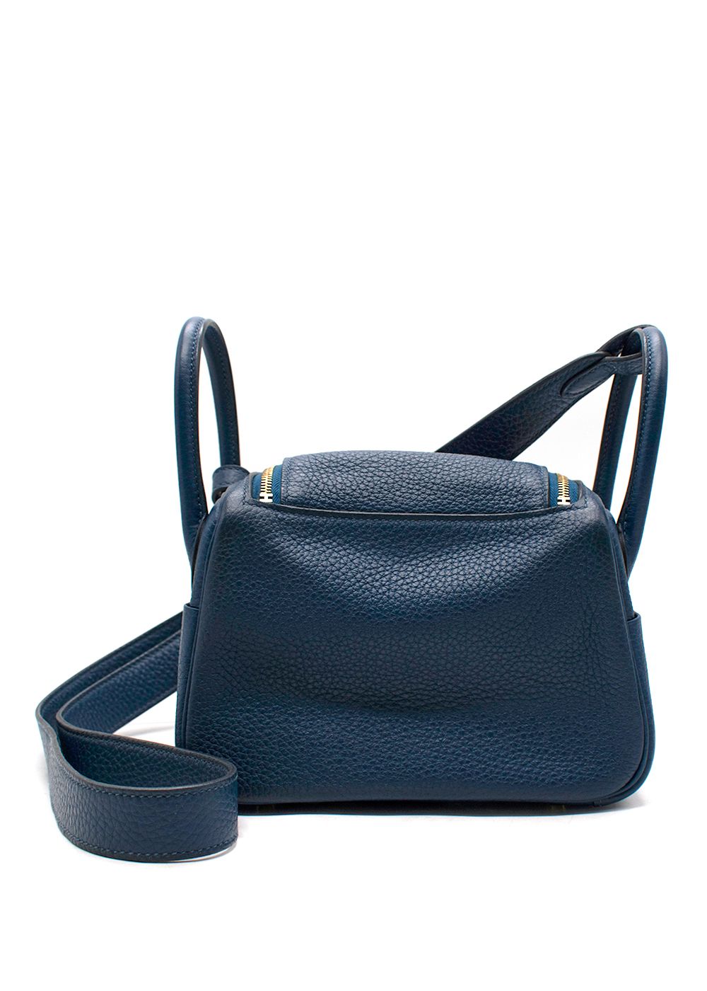 Preowned Hermes Taurillon Clemence Mini Lindy in Deep Bleu with Gold Hardware blue calfskin leather