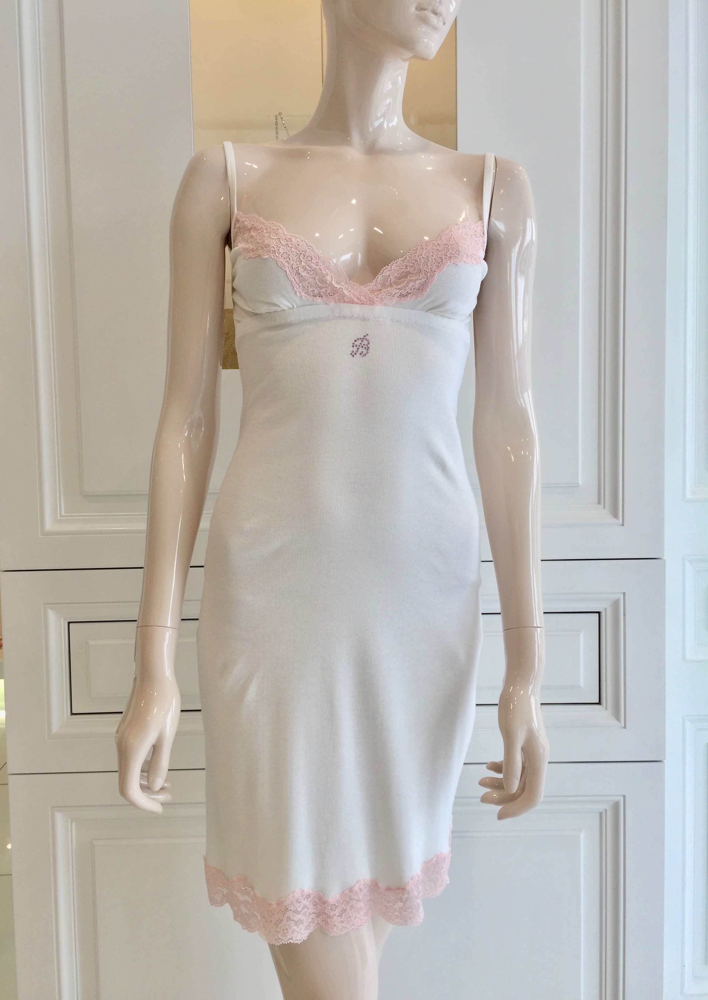 Blumarine White  Pink Leavers Lace Slip Dress Size M cotton