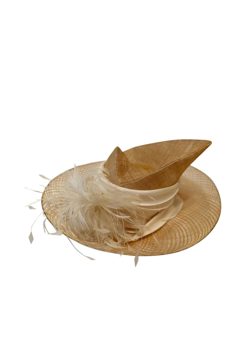 Preowned Philip Treacy Couture Woven Silk and Feather Trim Occasion Hat Size S Beige/Ivory woven wicker