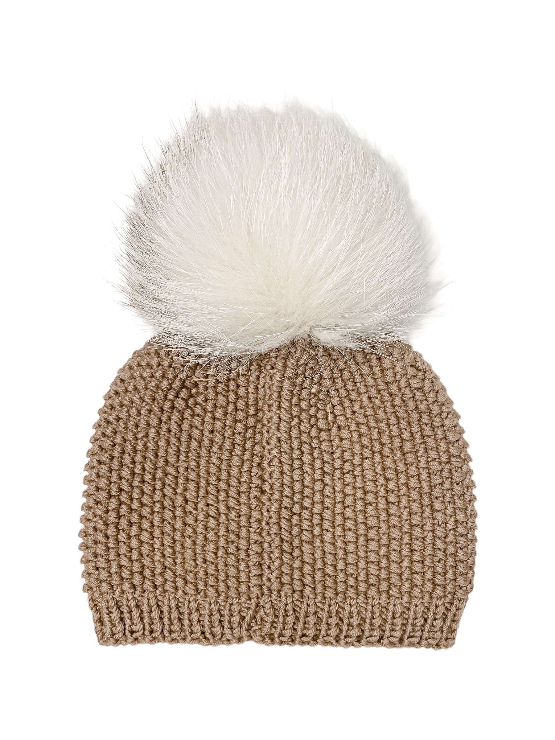 FurbySD Merino Wool Beanie with Fox Fur Pom Pom Brown