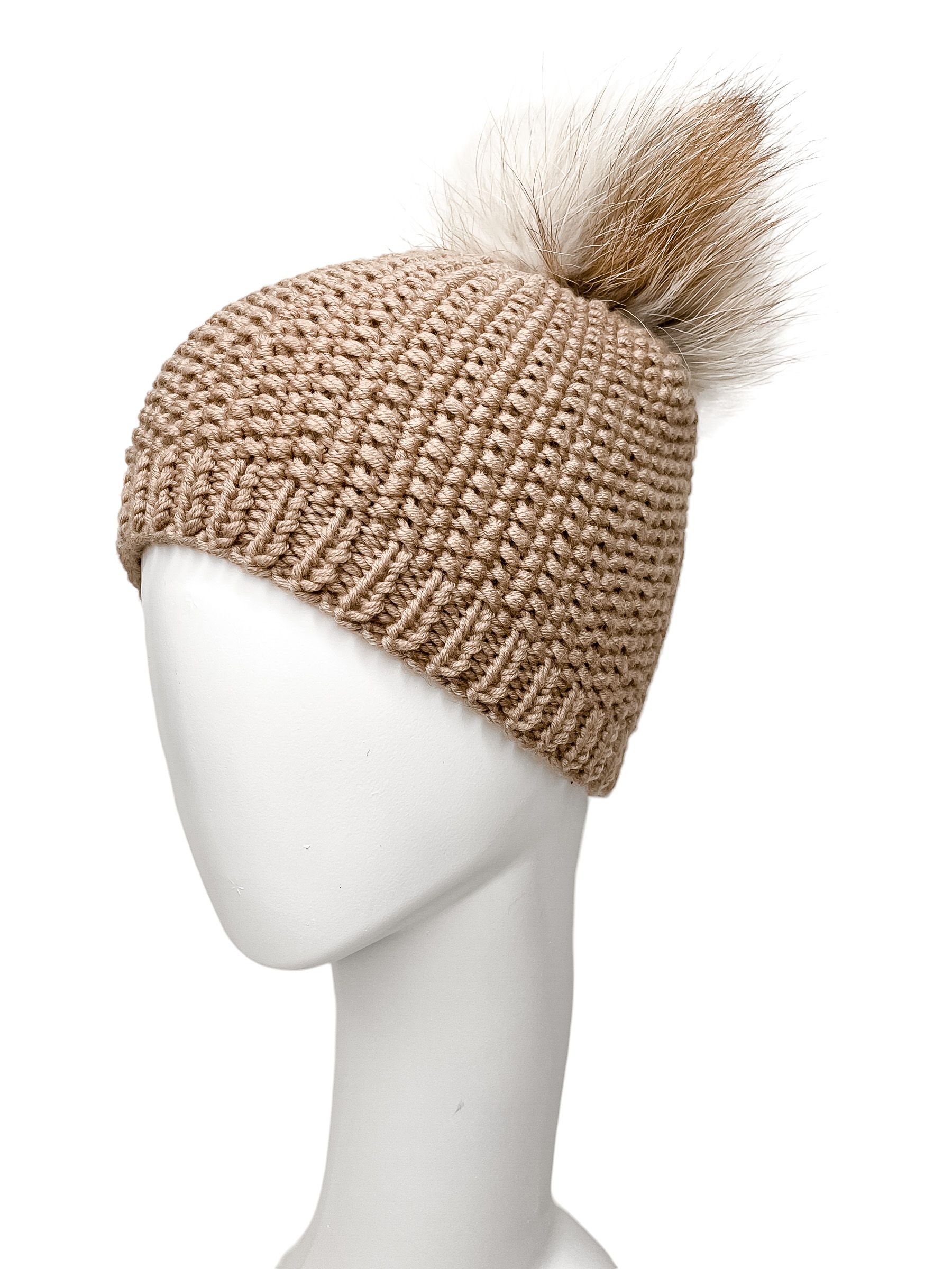 FurbySD Merino Wool Beanie with Fox Fur Pom Pom Brown