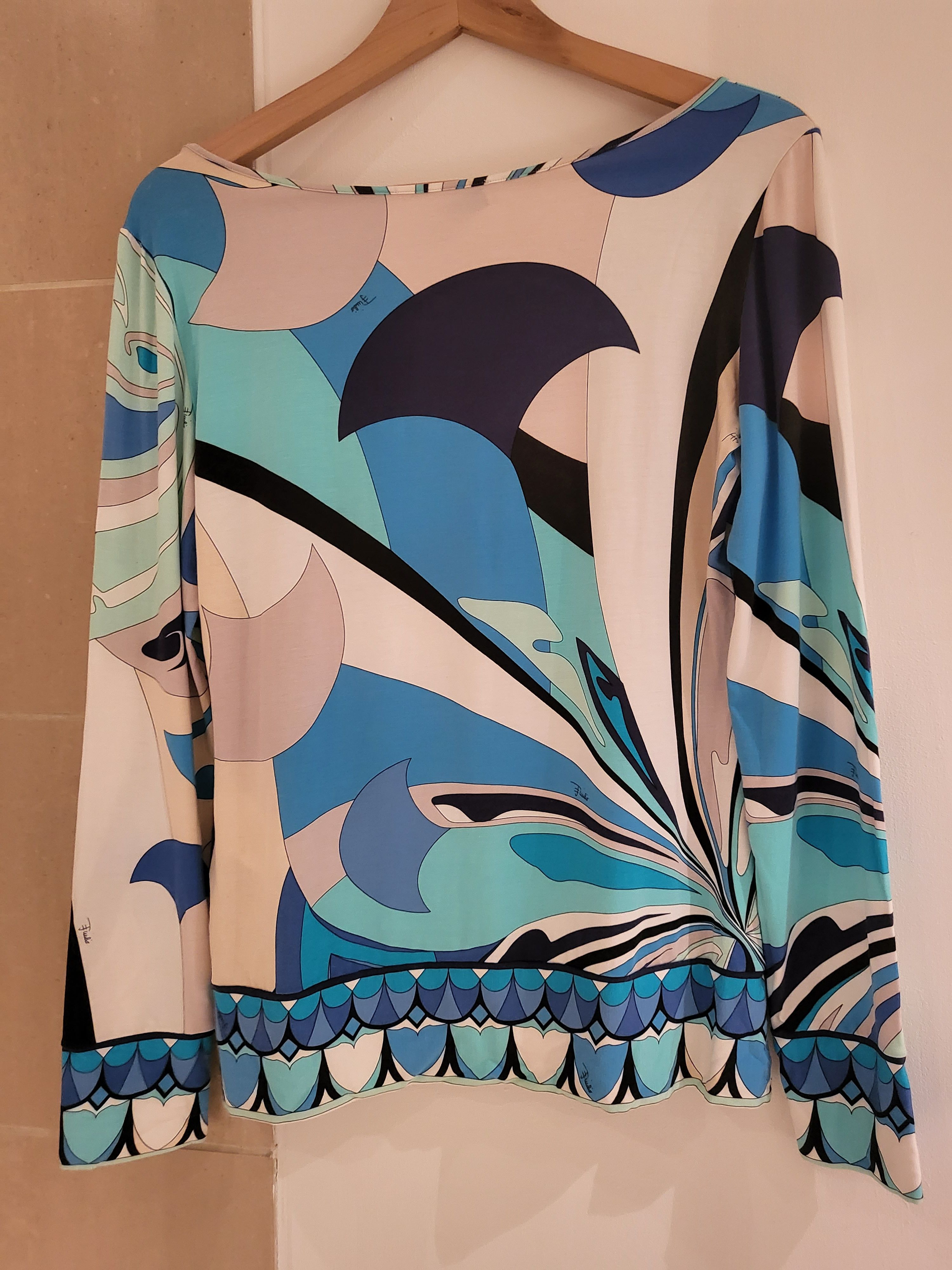 Preowned Emilio Pucci Blue Abstract Print Long Sleeve Top Size L cotton