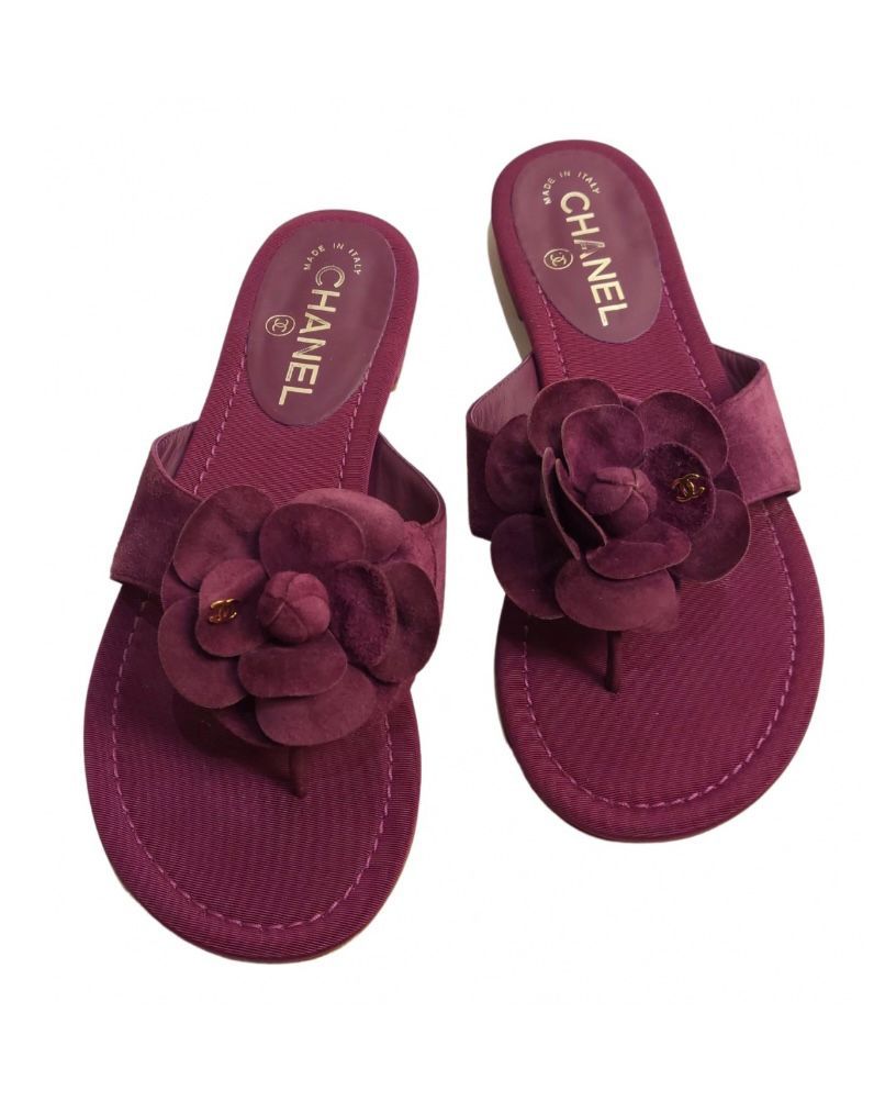 Preowned Chanel Magenta Fabric Camelia Flat Sandals Size 375 Purple cloth