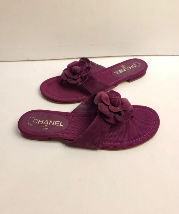 Preowned Chanel Magenta Fabric Camelia Flat Sandals Size 375 Purple cloth