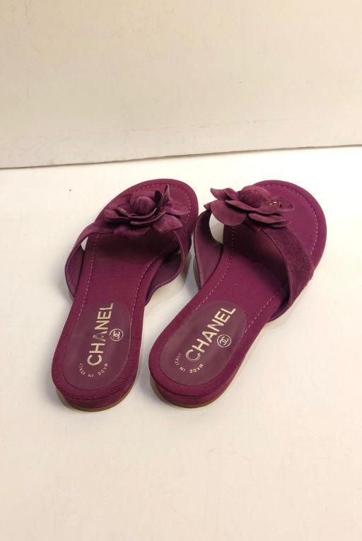 Preowned Chanel Magenta Fabric Camelia Flat Sandals Size 375 Purple cloth