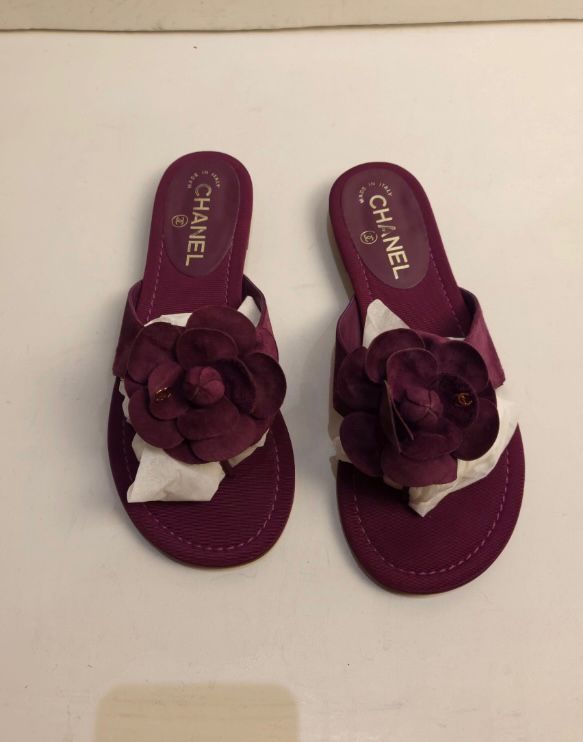 Preowned Chanel Magenta Fabric Camelia Flat Sandals Size 375 Purple cloth