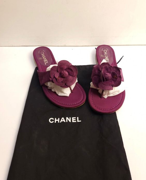 Preowned Chanel Magenta Fabric Camelia Flat Sandals Size 375 Purple cloth