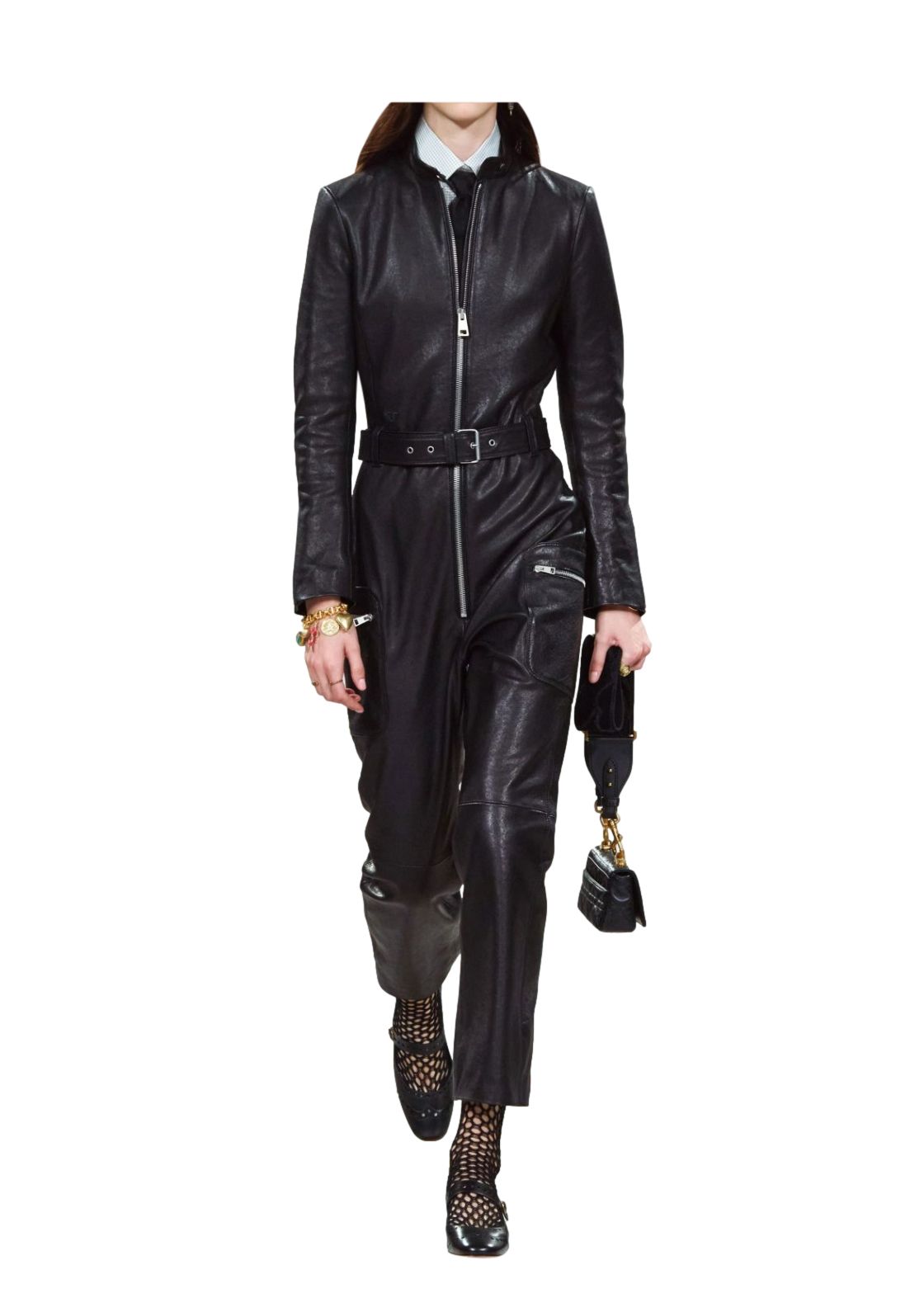 Dior Black Leather Biker Zip Jumpsuit Size S