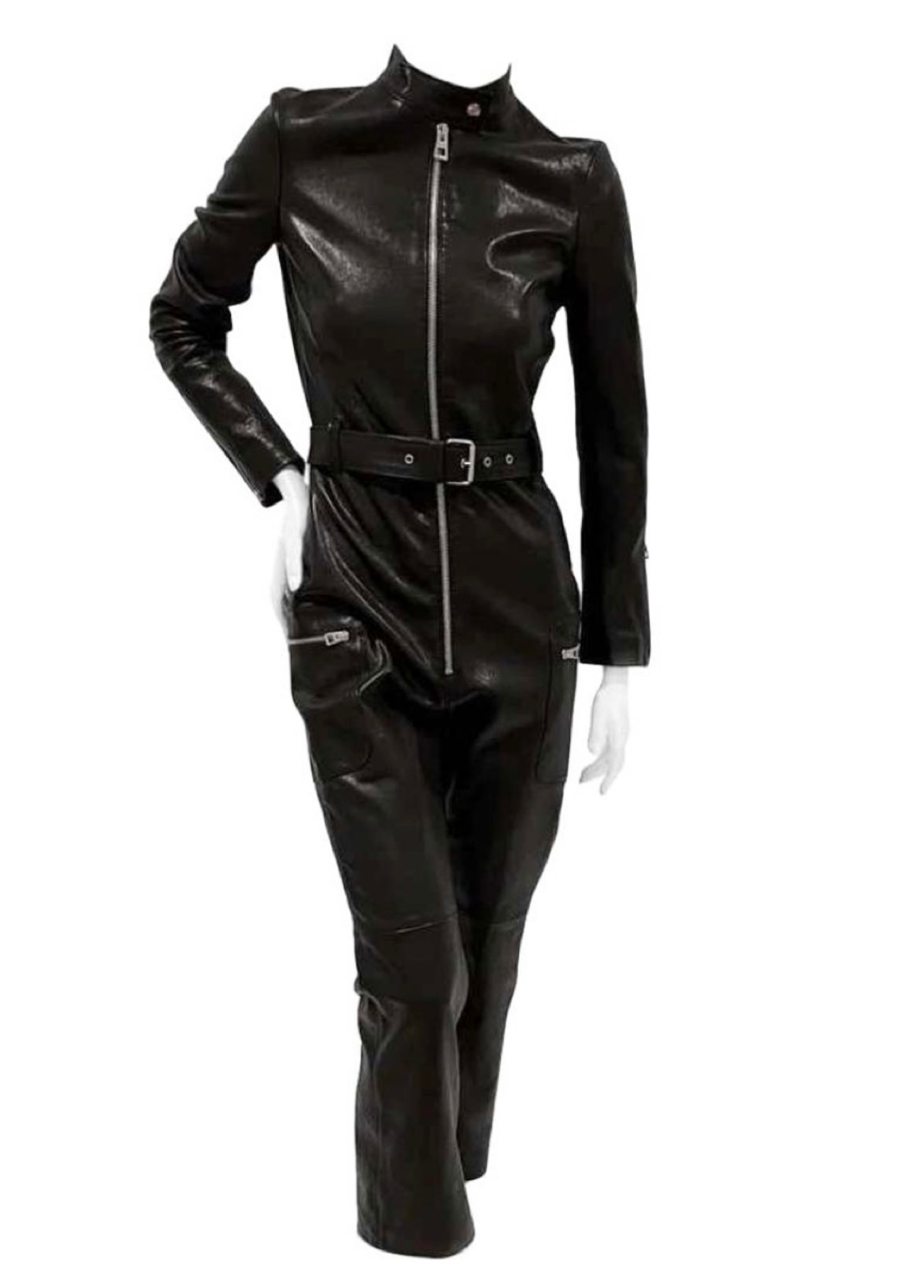 Dior Black Leather Biker Zip Jumpsuit Size S