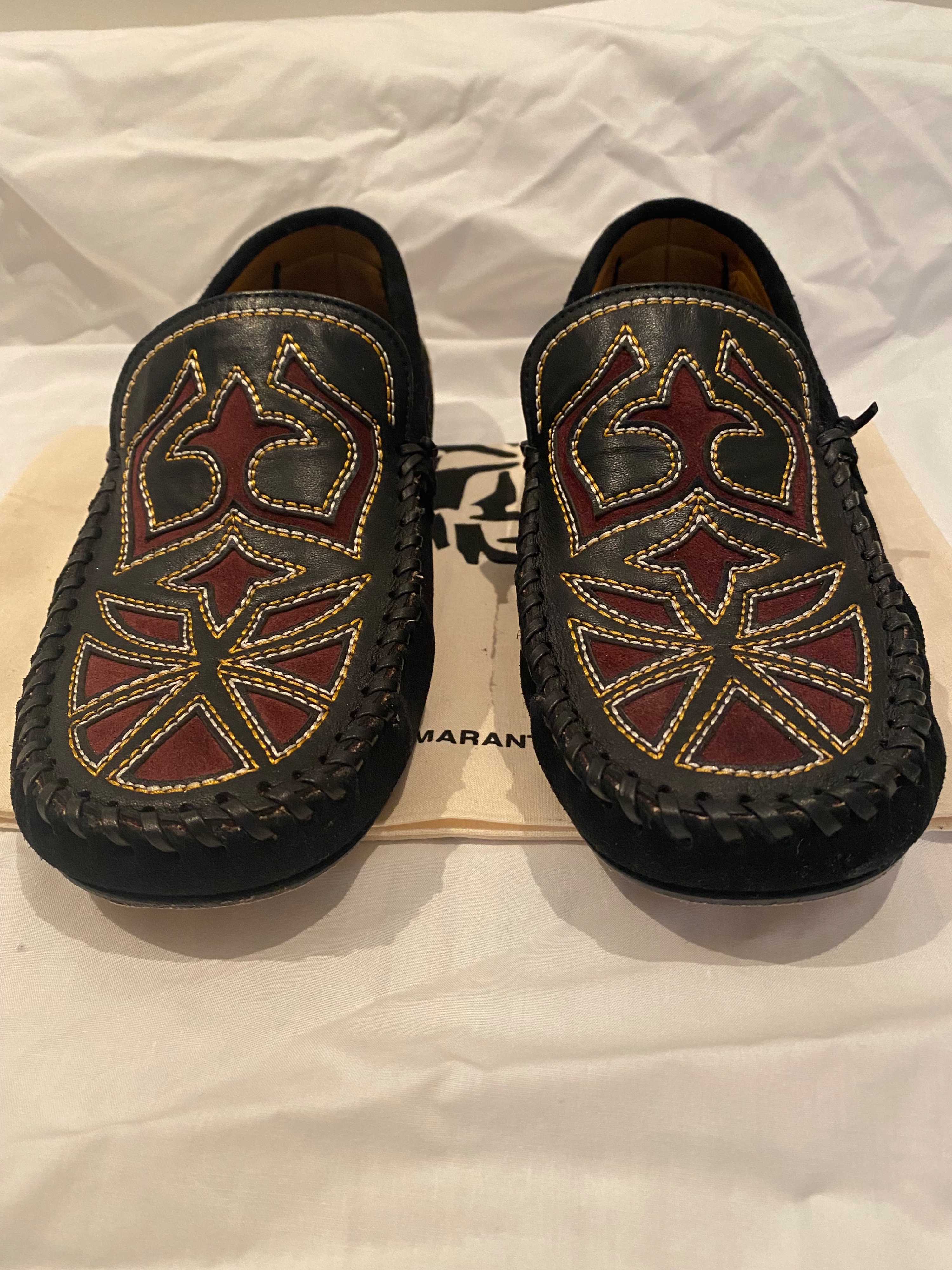 Preowned Isabel Marant Etoile Finha Embroidered Flats Size 37 Black with burgundy and white embroidery velvet