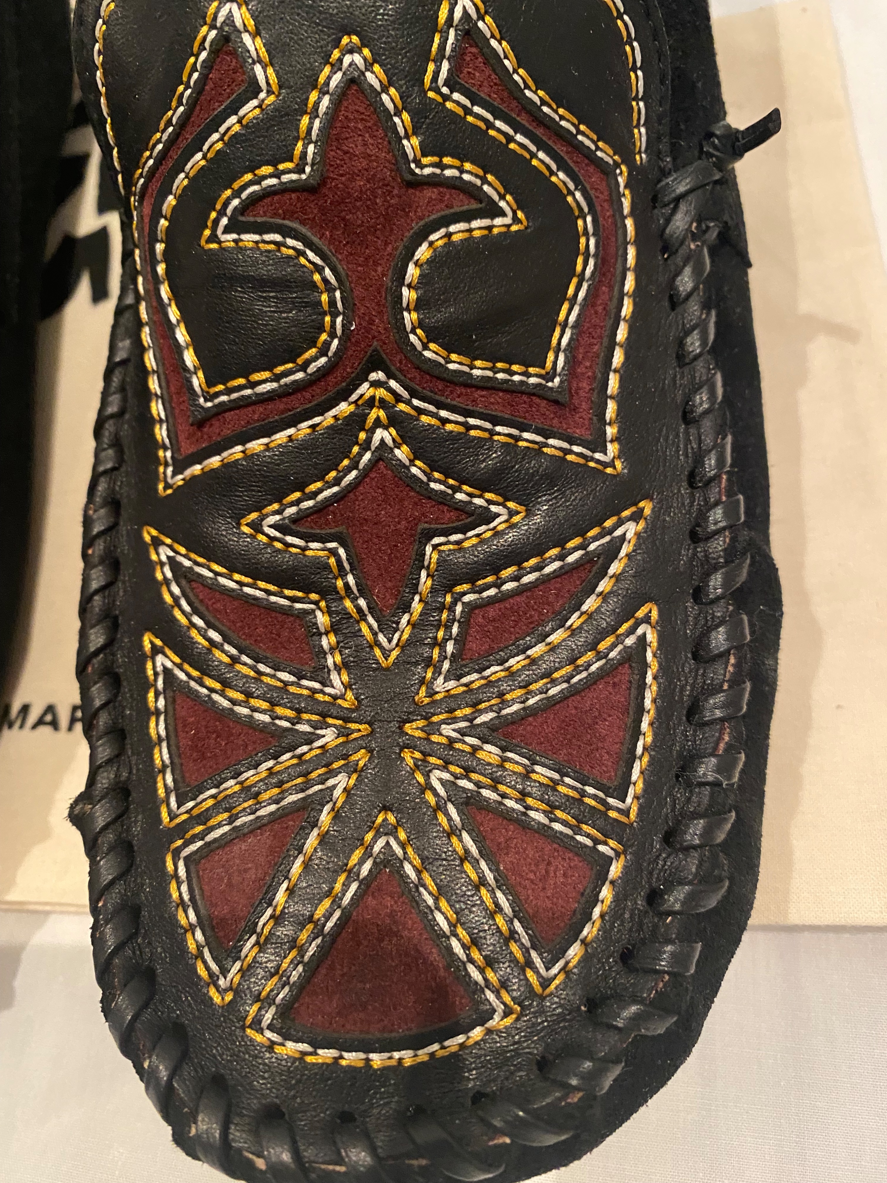 Preowned Isabel Marant Etoile Finha Embroidered Flats Size 37 Black with burgundy and white embroidery velvet