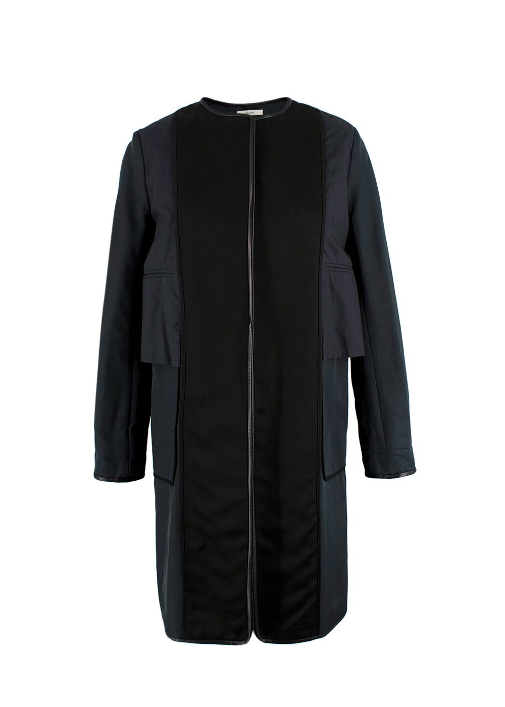 Celine Navy and Black Leather Trim Longline Jacket Size XXS silk