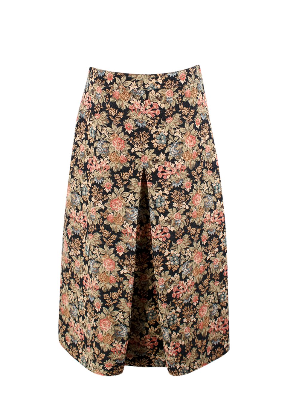 Celine Box Pleat Skirt with Floral Tapestry Embroidery Size S black pink green cream cotton