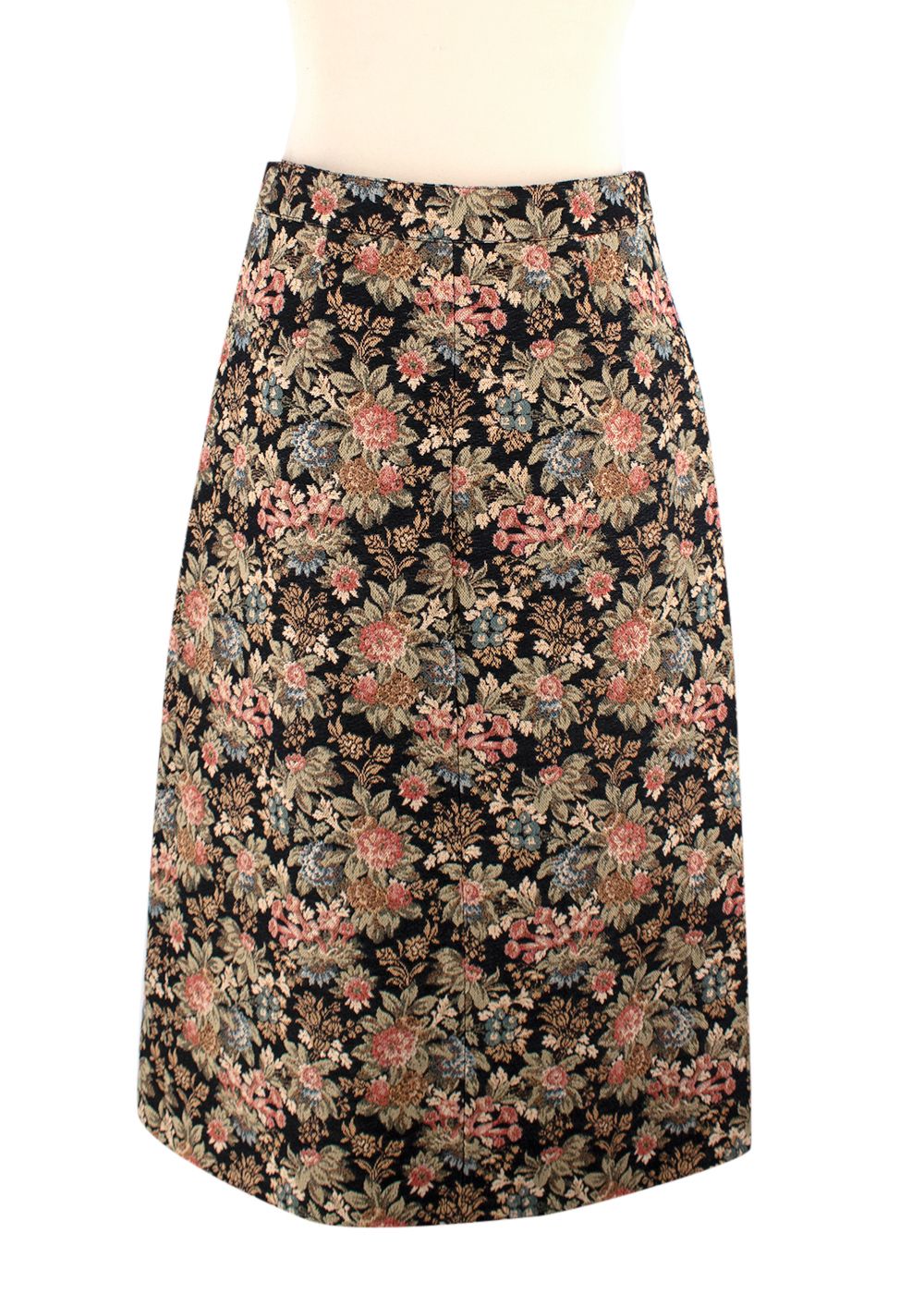 Celine Box Pleat Skirt with Floral Tapestry Embroidery Size S black pink green cream cotton