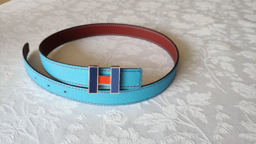 Hermes 24mm Reversible Belt with Tri-Colour H Buckle - Size 70 Blue leather