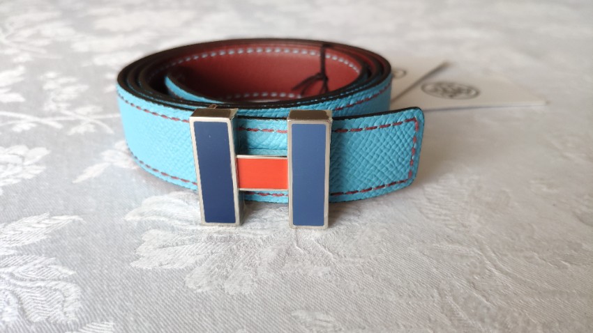 Hermes 24mm Reversible Belt with Tri-Colour H Buckle - Size 70 Blue leather