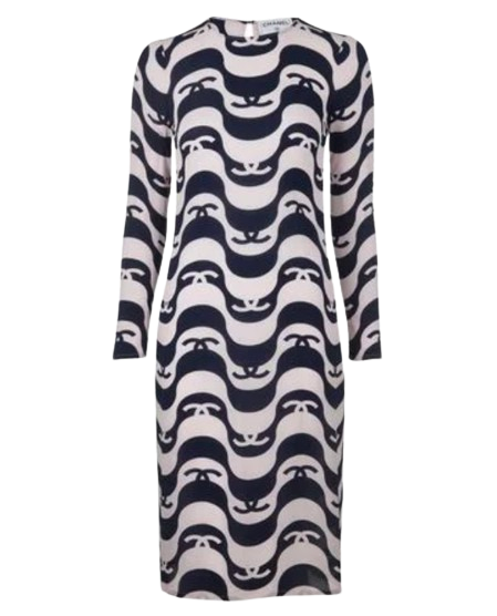 Chanel 21P Wave Print CC Logo Dress Size XS PINK NAVY silk mix