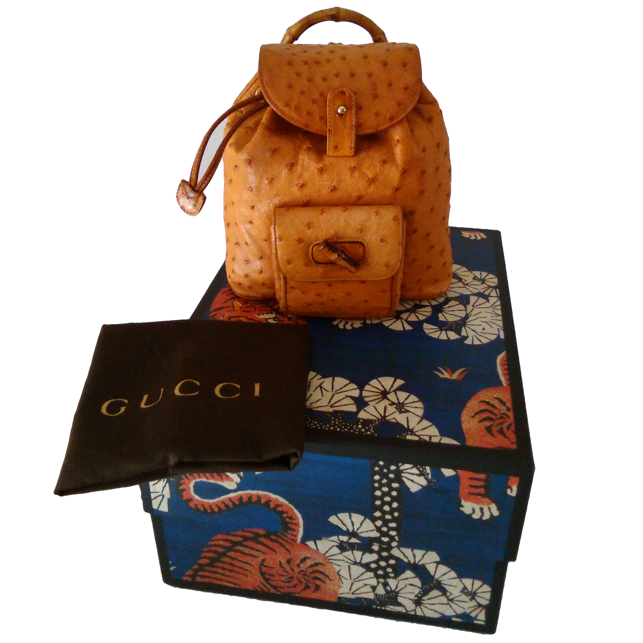 Preowned GUCCI  Bamboo mini ostrich backpack Beige/Nude leather