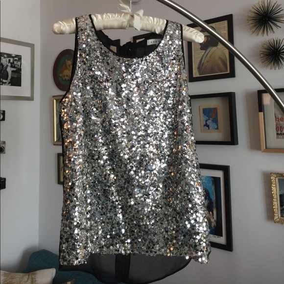 Preowned Sandro Sequin Embellished Sheer Tie Back Sleeveless Top Size S Silver polyester