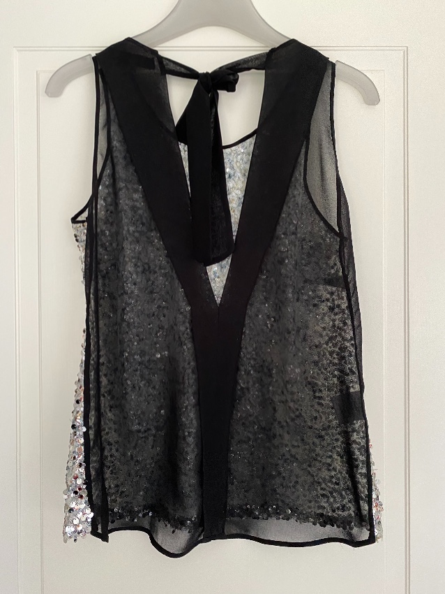 Preowned Sandro Sequin Embellished Sheer Tie Back Sleeveless Top Size S Silver polyester