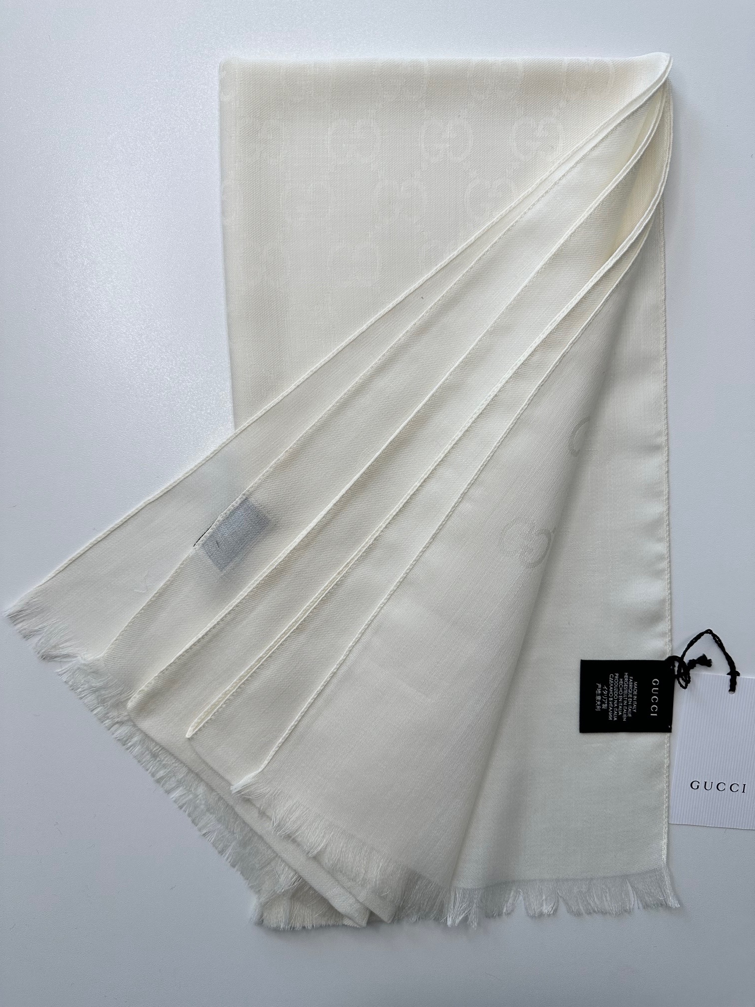 Gucci White Monogram Wool Blend Scarf wool/silk